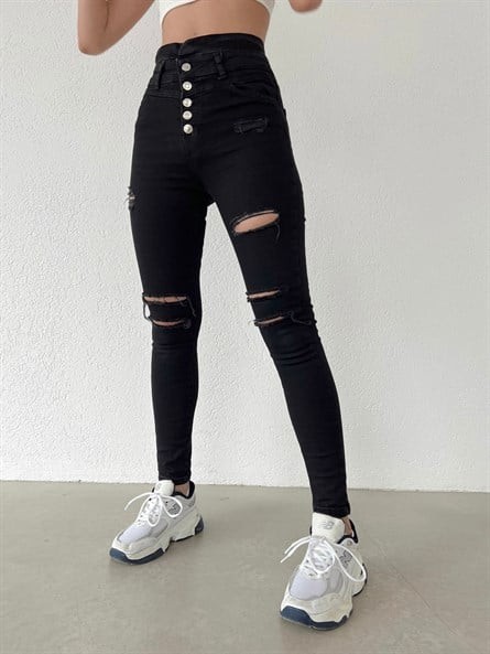 Multi Düğme Yırtık Skinny Jean Siyah