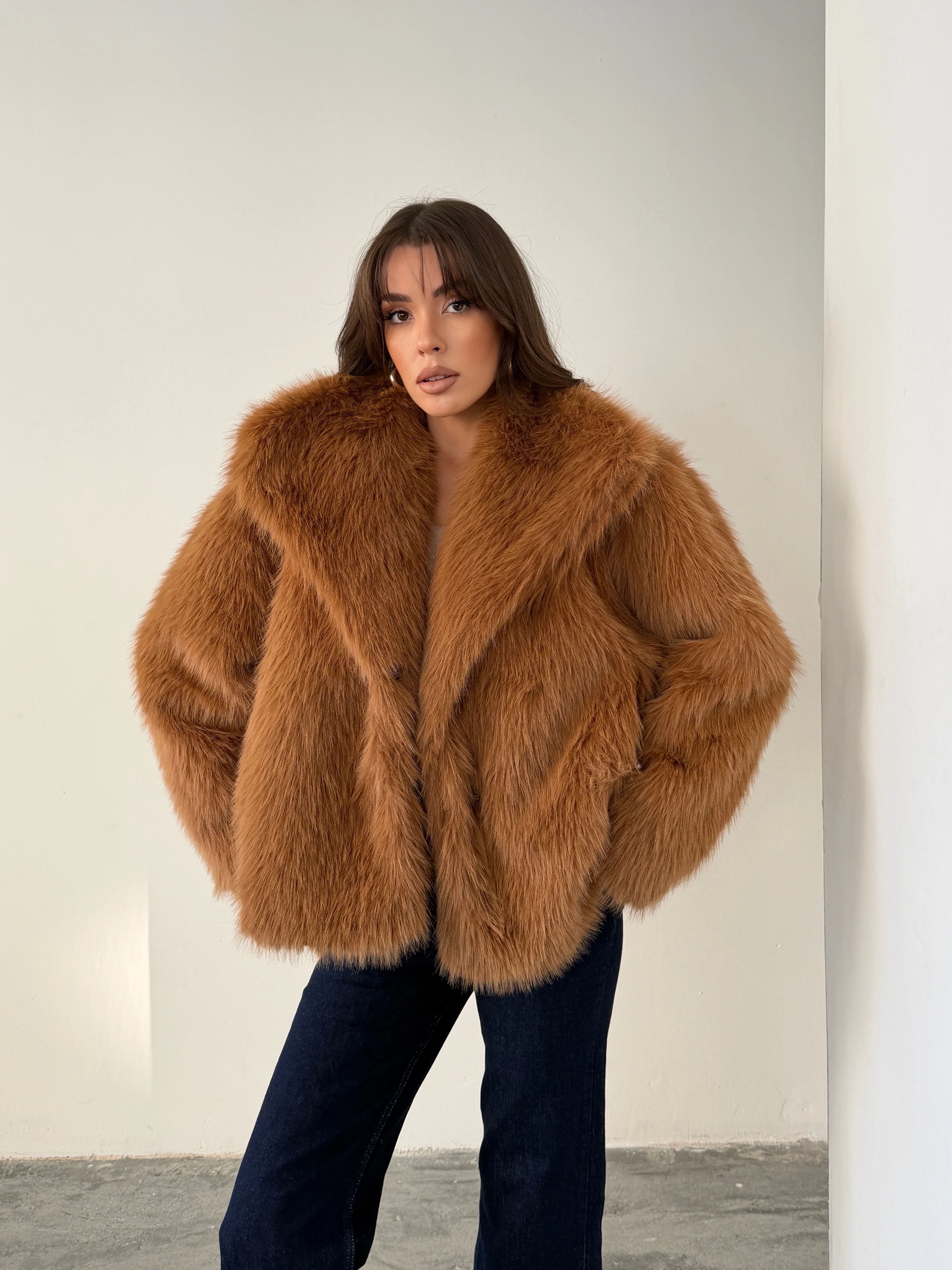 Çıtçıtlı Suni Kürk Ceket - Taba