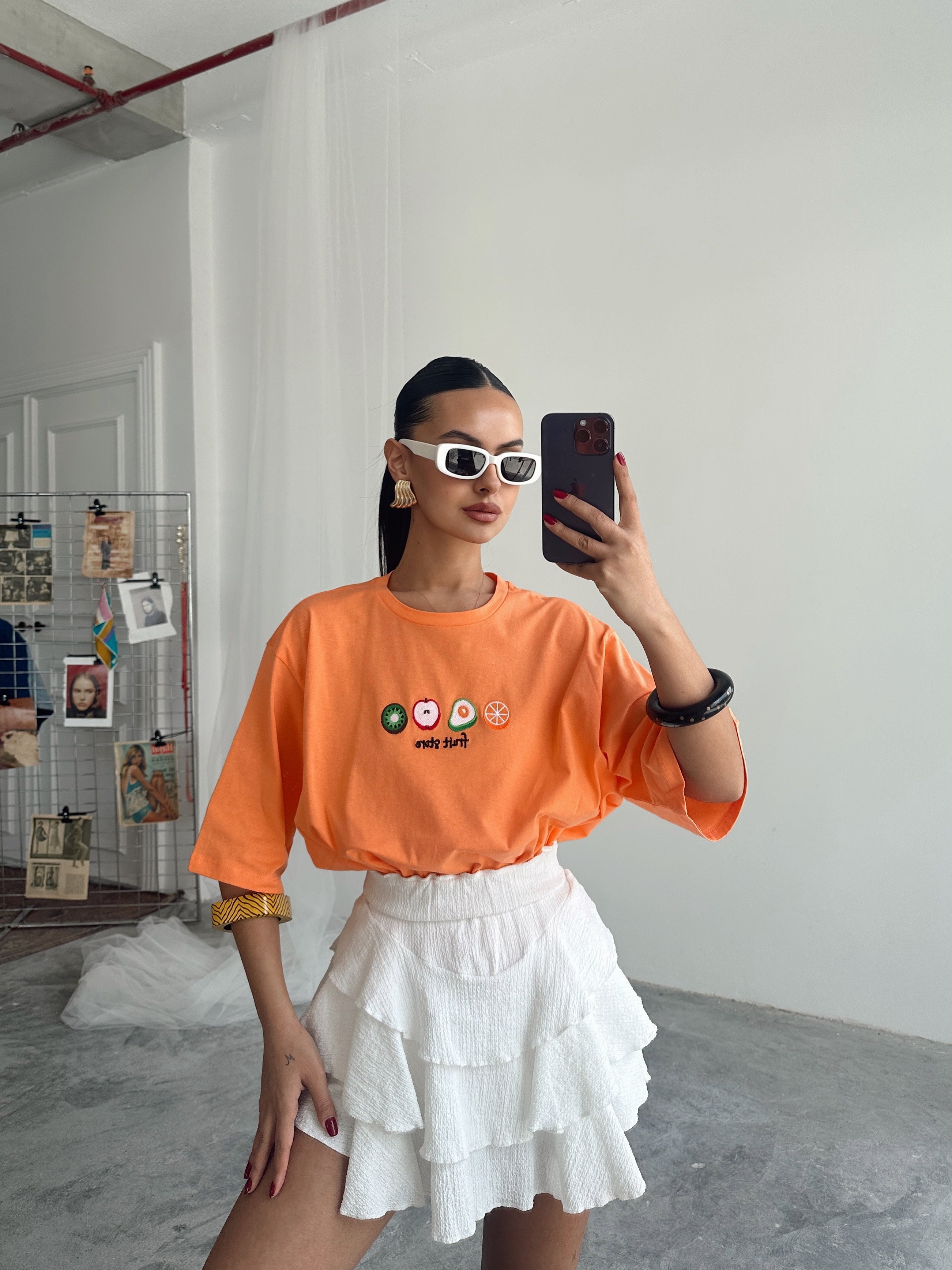Fruit Nakış Basic T-shirt Turuncu