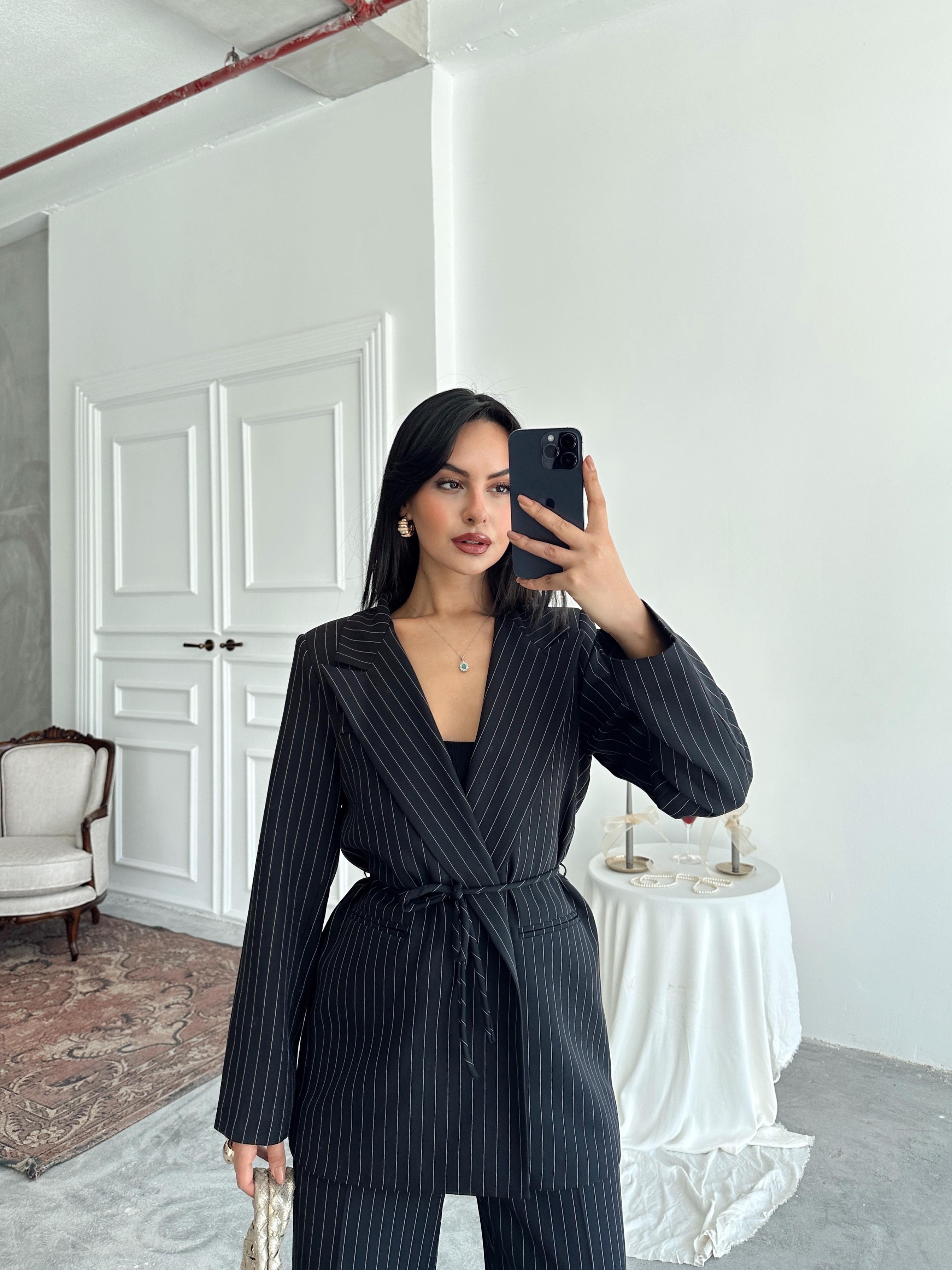 Bel Bağlama Line Blazer Ceket - Siyah