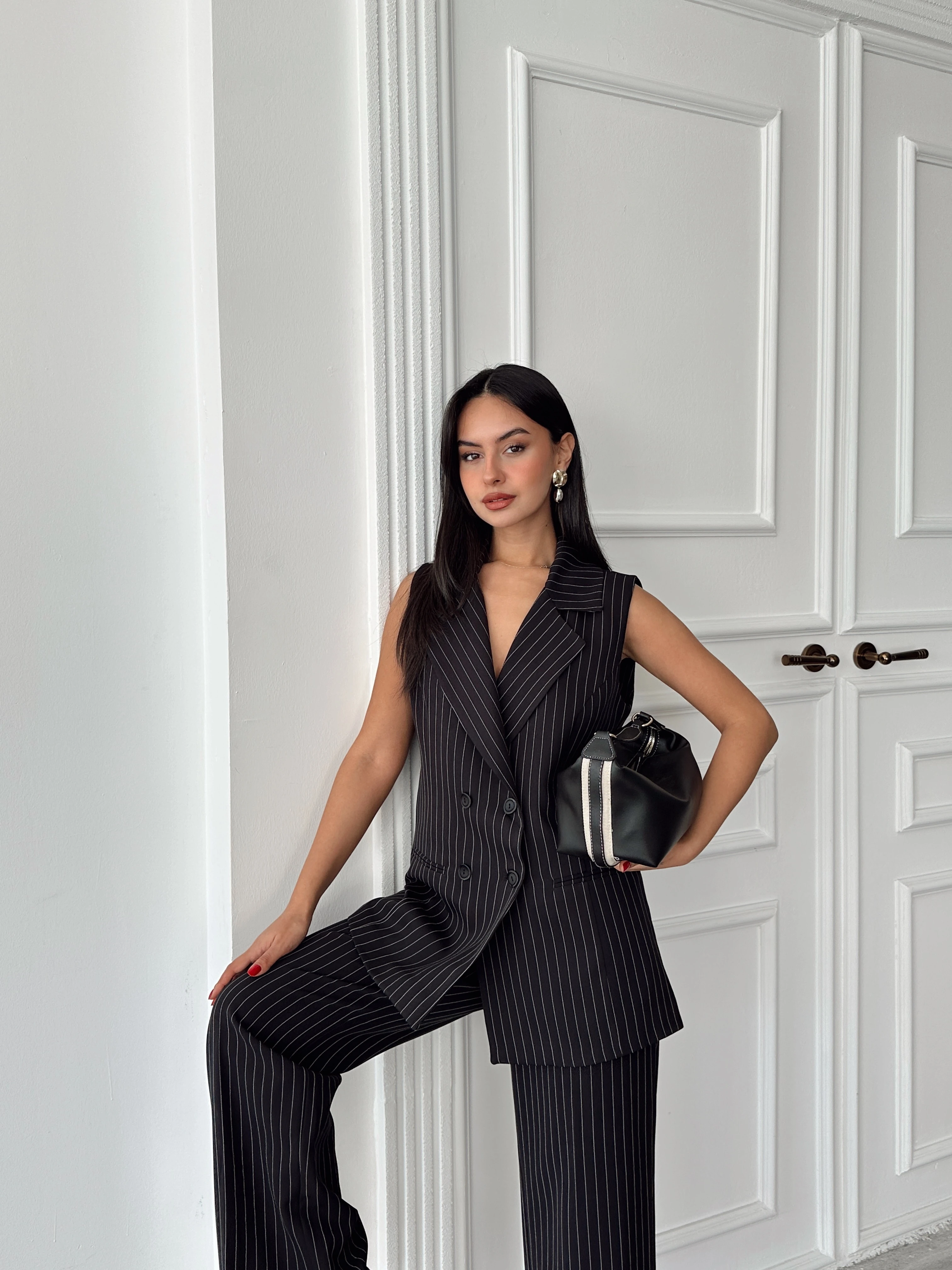 Ceket Yaka Line Yelek - Siyah