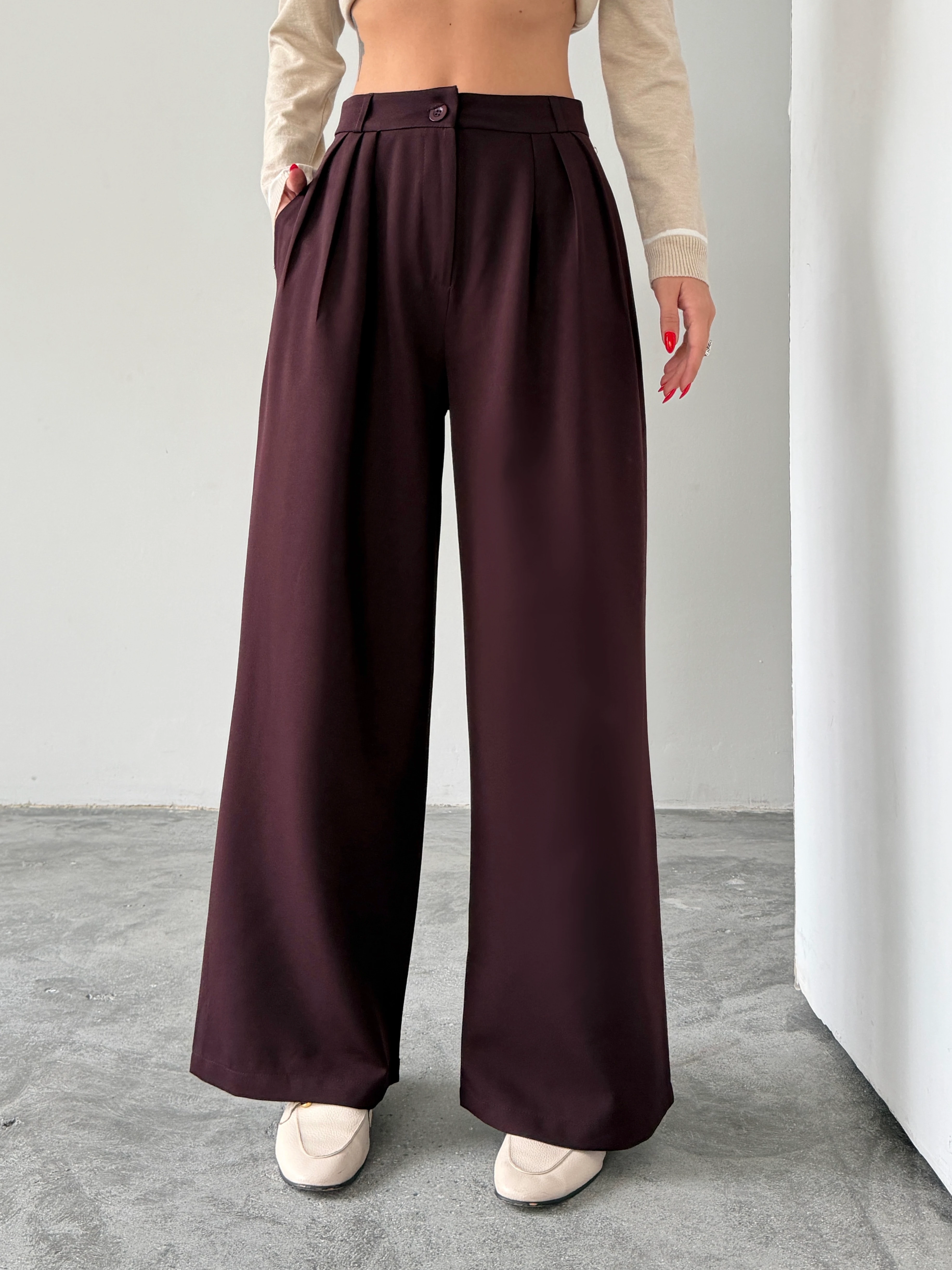 Üç Pile Palazzo Pantolon - Mürdüm