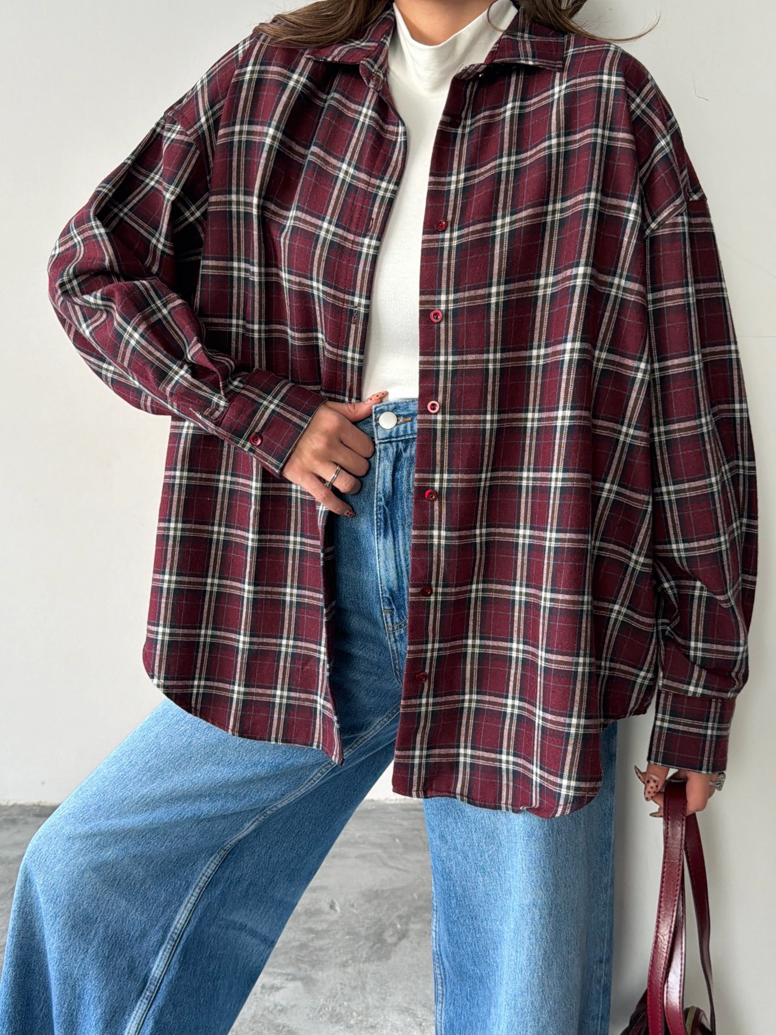 Kareli Oversize Gömlek - Bordo
