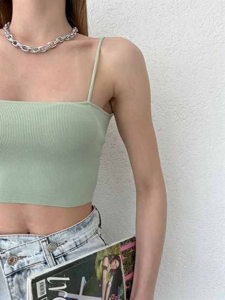Kare Yaka İnce Askı Triko Bluz Mint