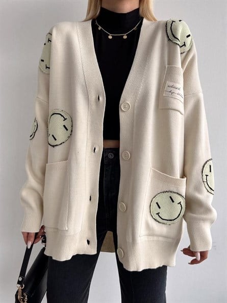 Oversize Emoji Triko Hırka Ekru