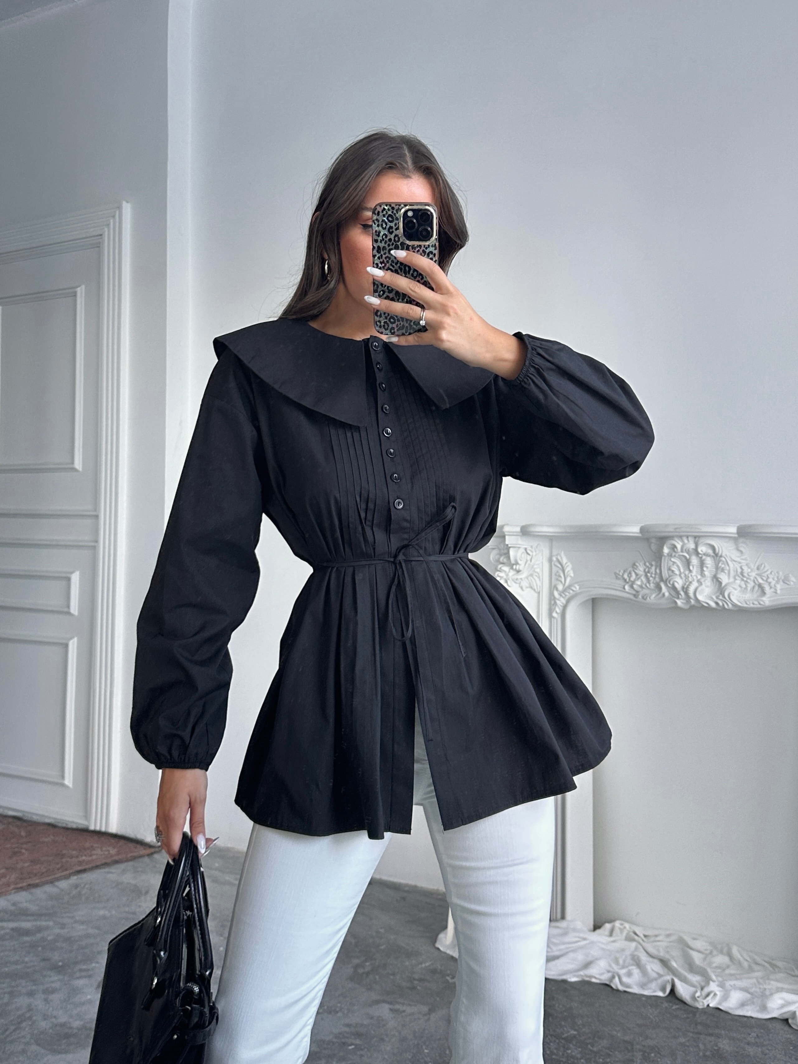 Geniş Yaka Poplin Gömlek - Siyah