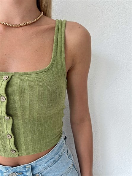 Düğmeli Kalın Askı Crop Top Yeşil