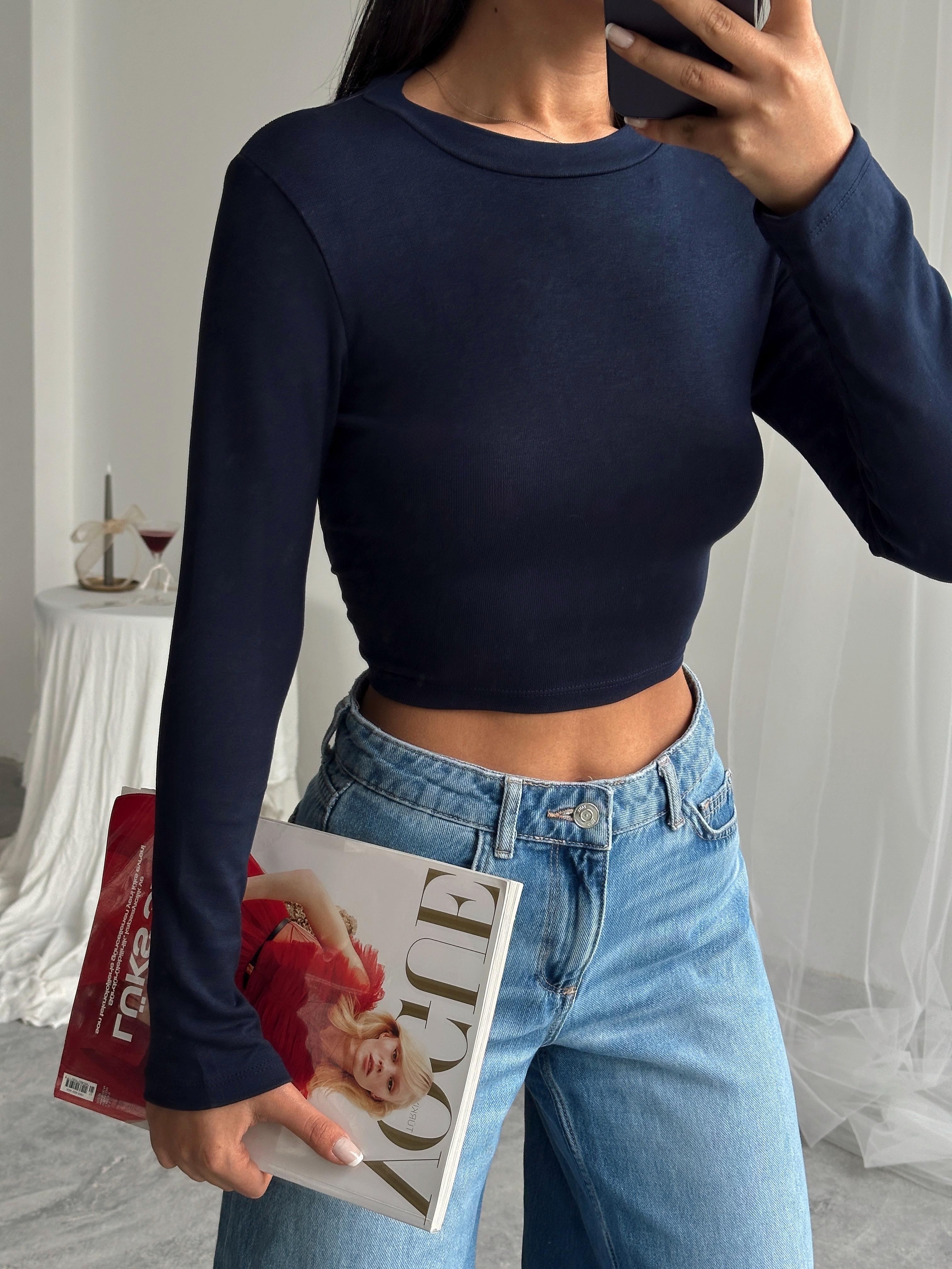 Düz Crop Bluz - Lacivert