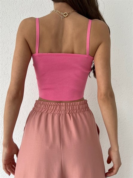 Korse Detay Askılı Triko Bluz Pembe