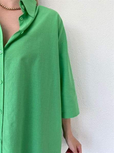 Fakir Kol Oversize Keten Gömlek Yeşil
