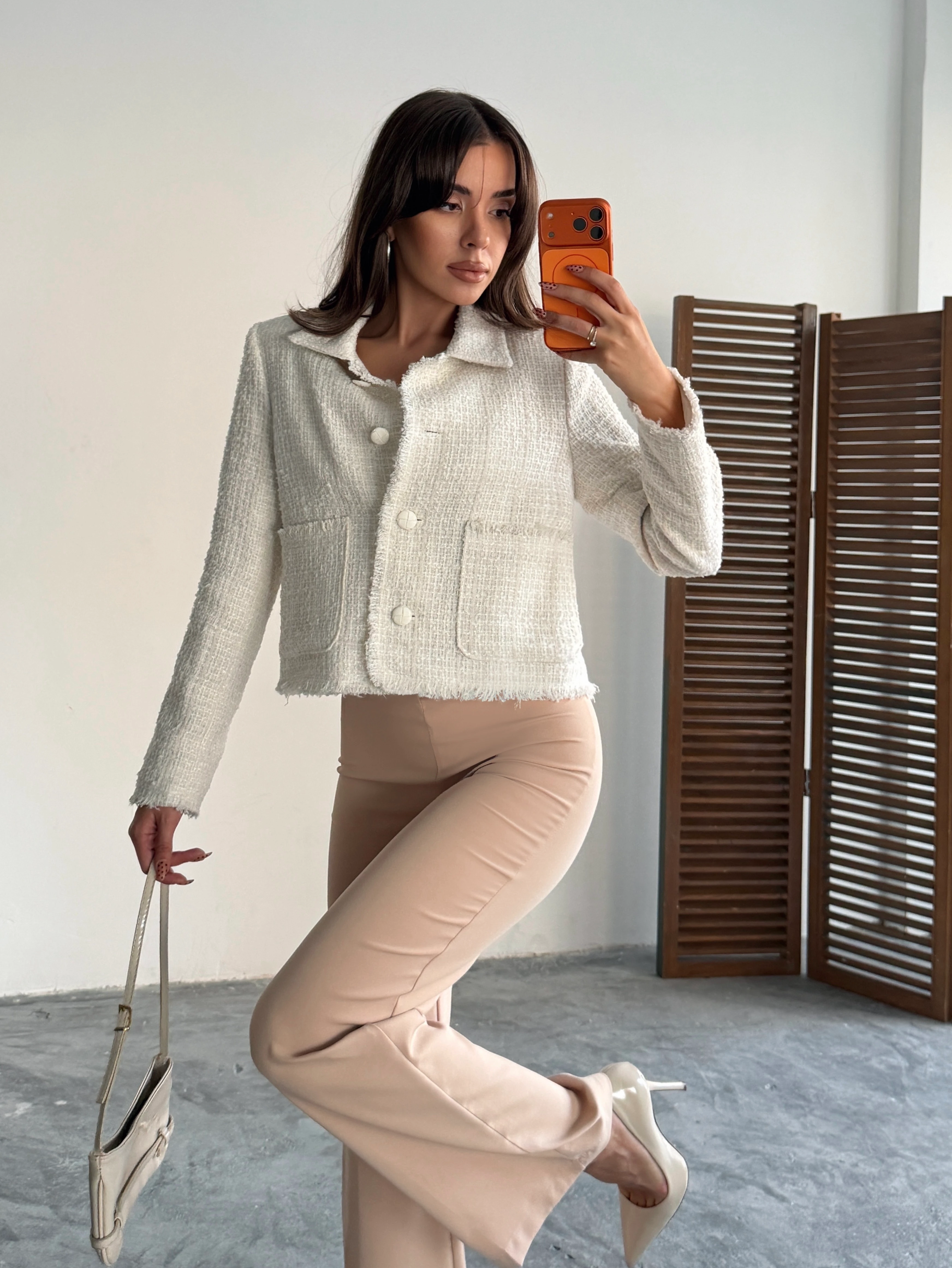 Püskül Detay Tüvit Ceket - Ekru