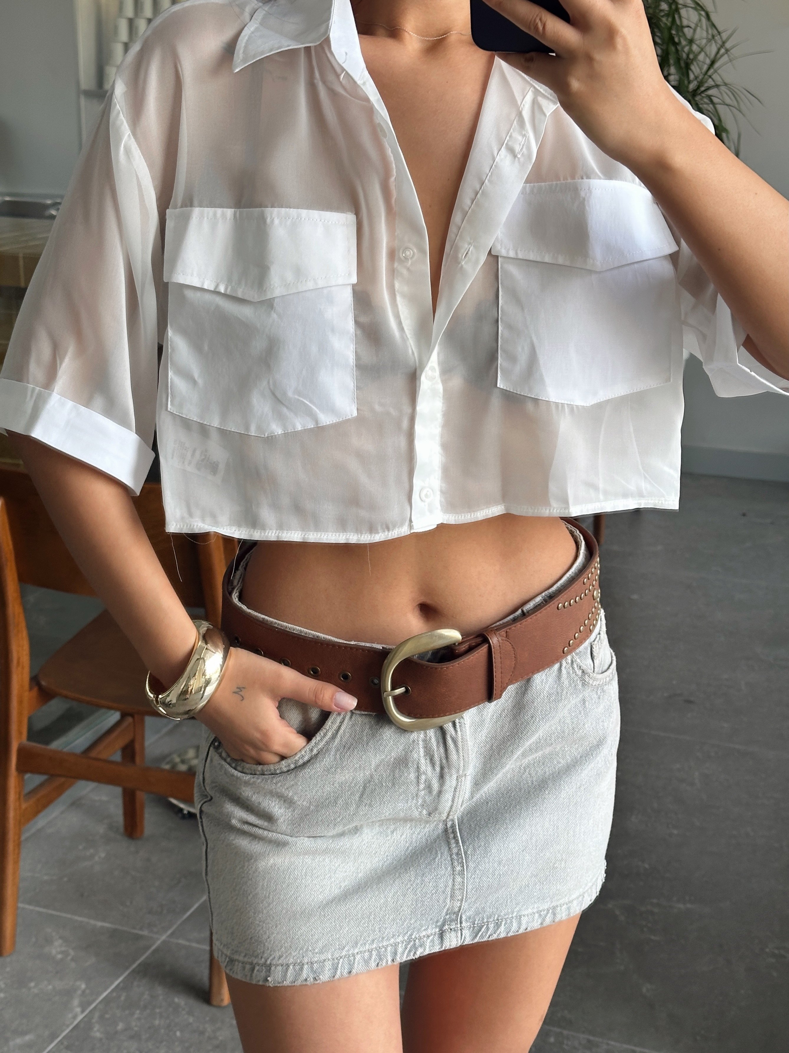 Zoi Çift Cep Transparan Crop Gömlek Beyaz