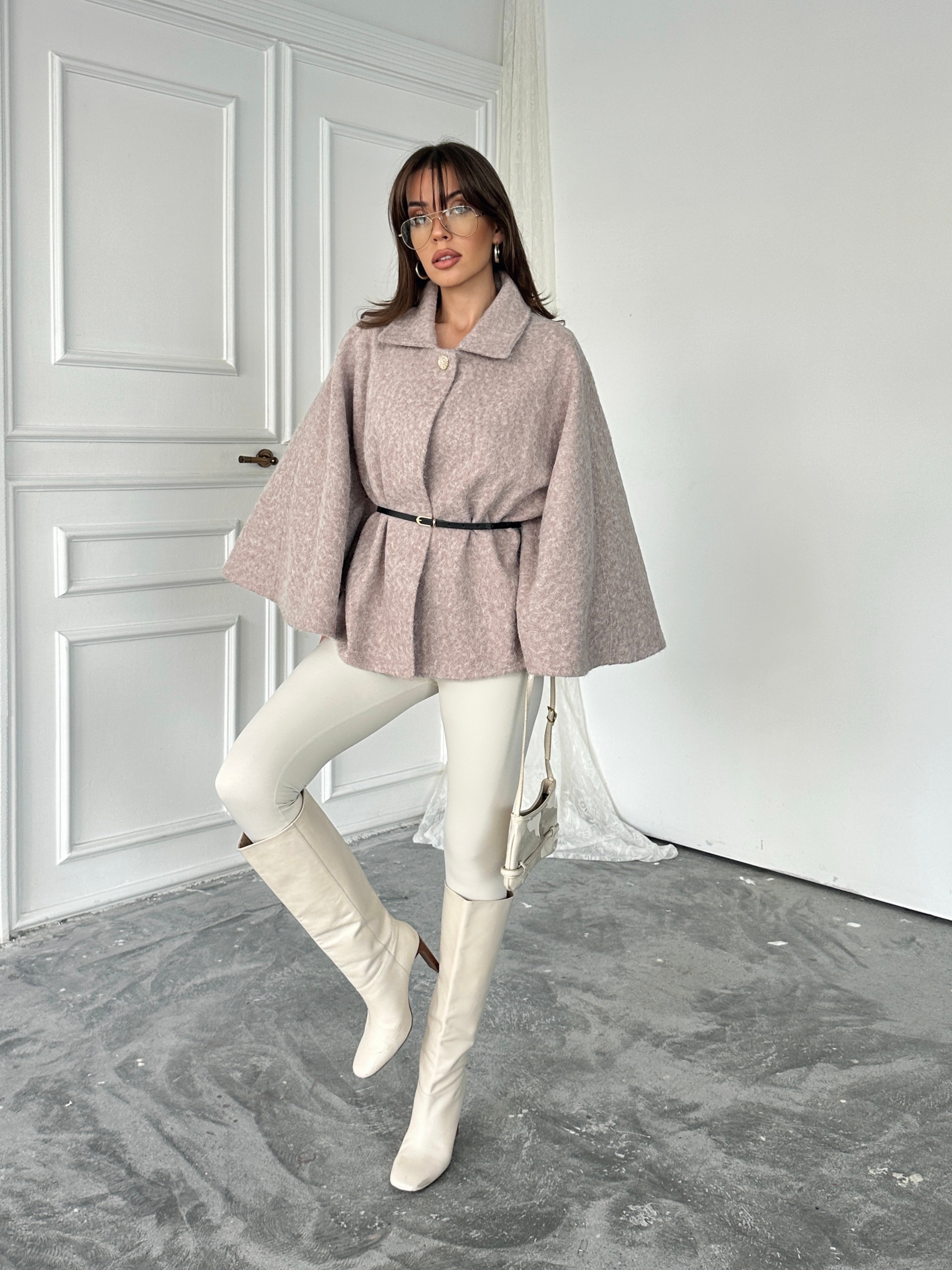 Kırçıllı Kaşe Panço  - Pudra Pembe