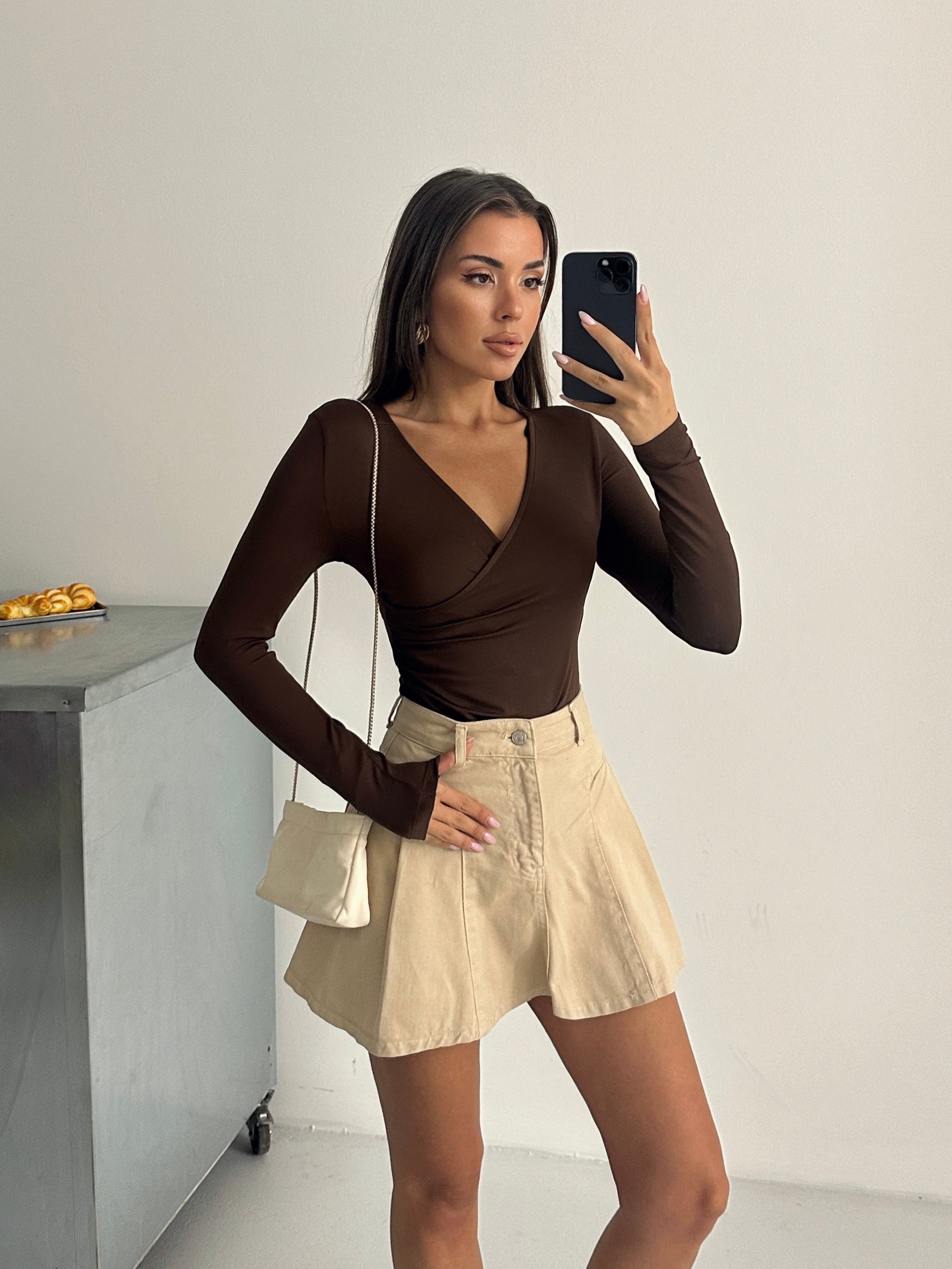 Uzun Kol Kruvaze Bodysuıt - Kahve