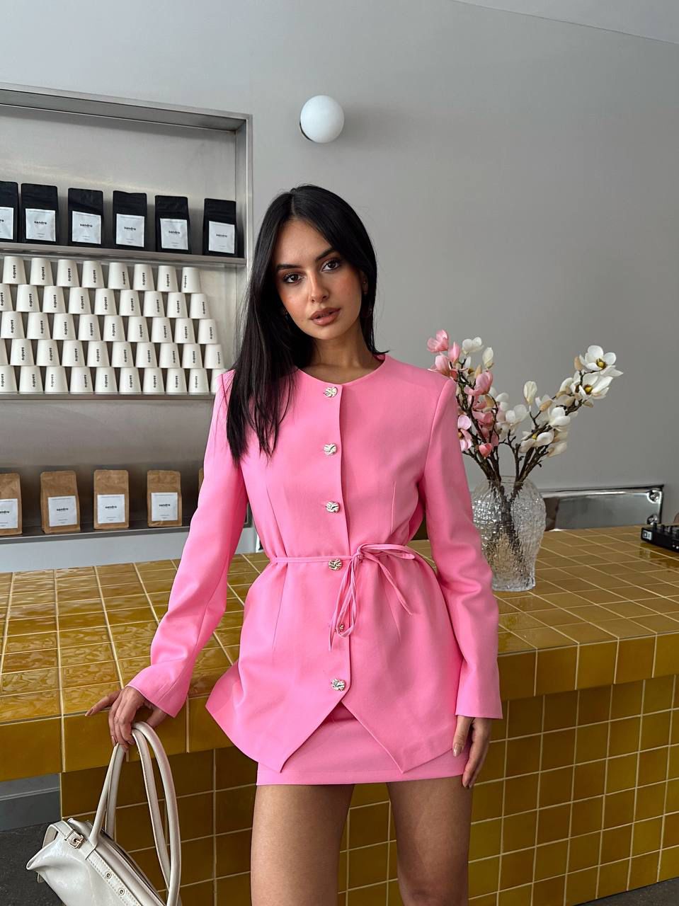 Belden Bağlamalı Bisiklet Yaka Ceket  - Pembe
