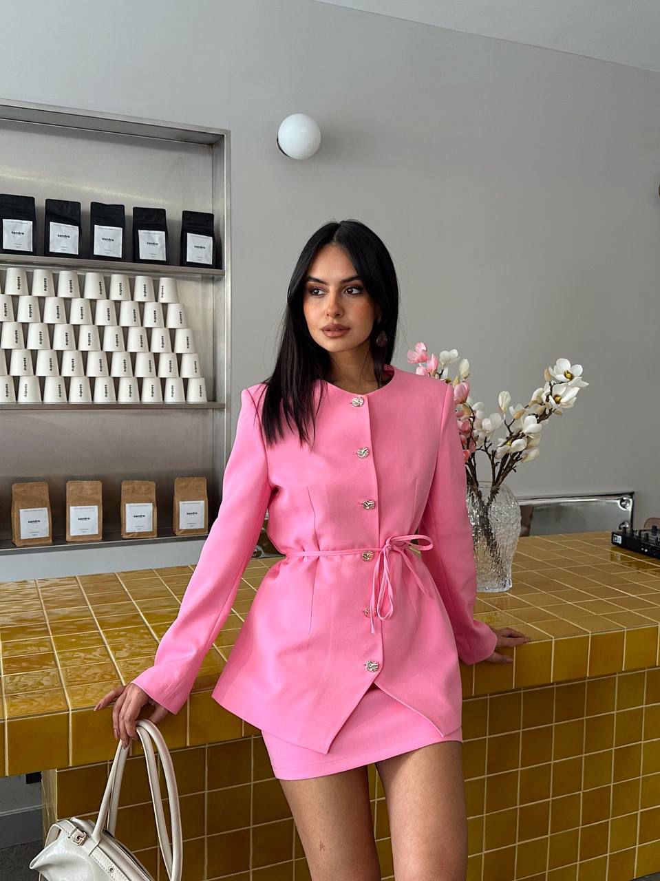Belden Bağlamalı Bisiklet Yaka Ceket  - Pembe