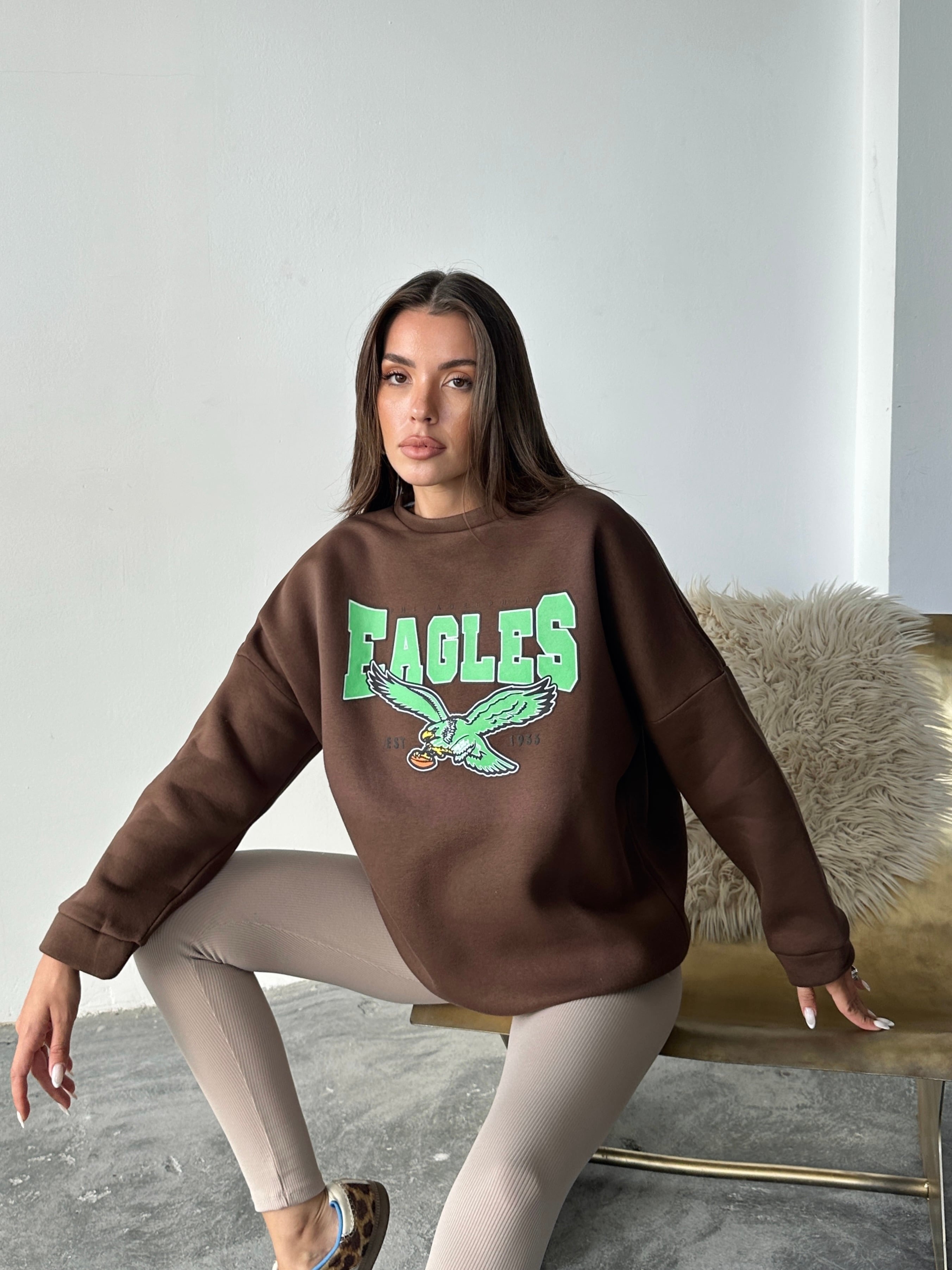 Eagles Üç İplik Oversize Sweat Kahverengi