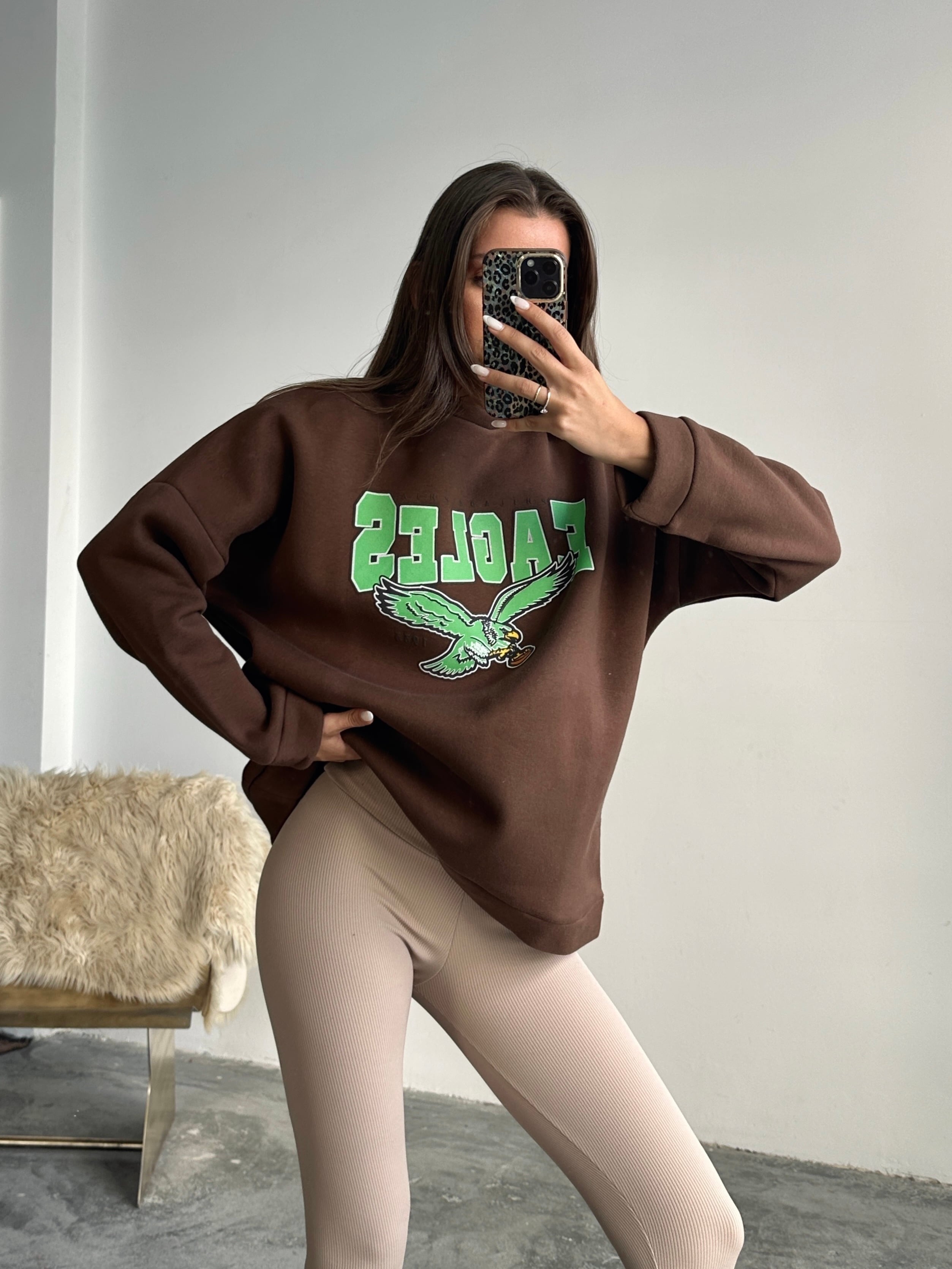 Eagles Üç İplik Oversize Sweat Kahverengi