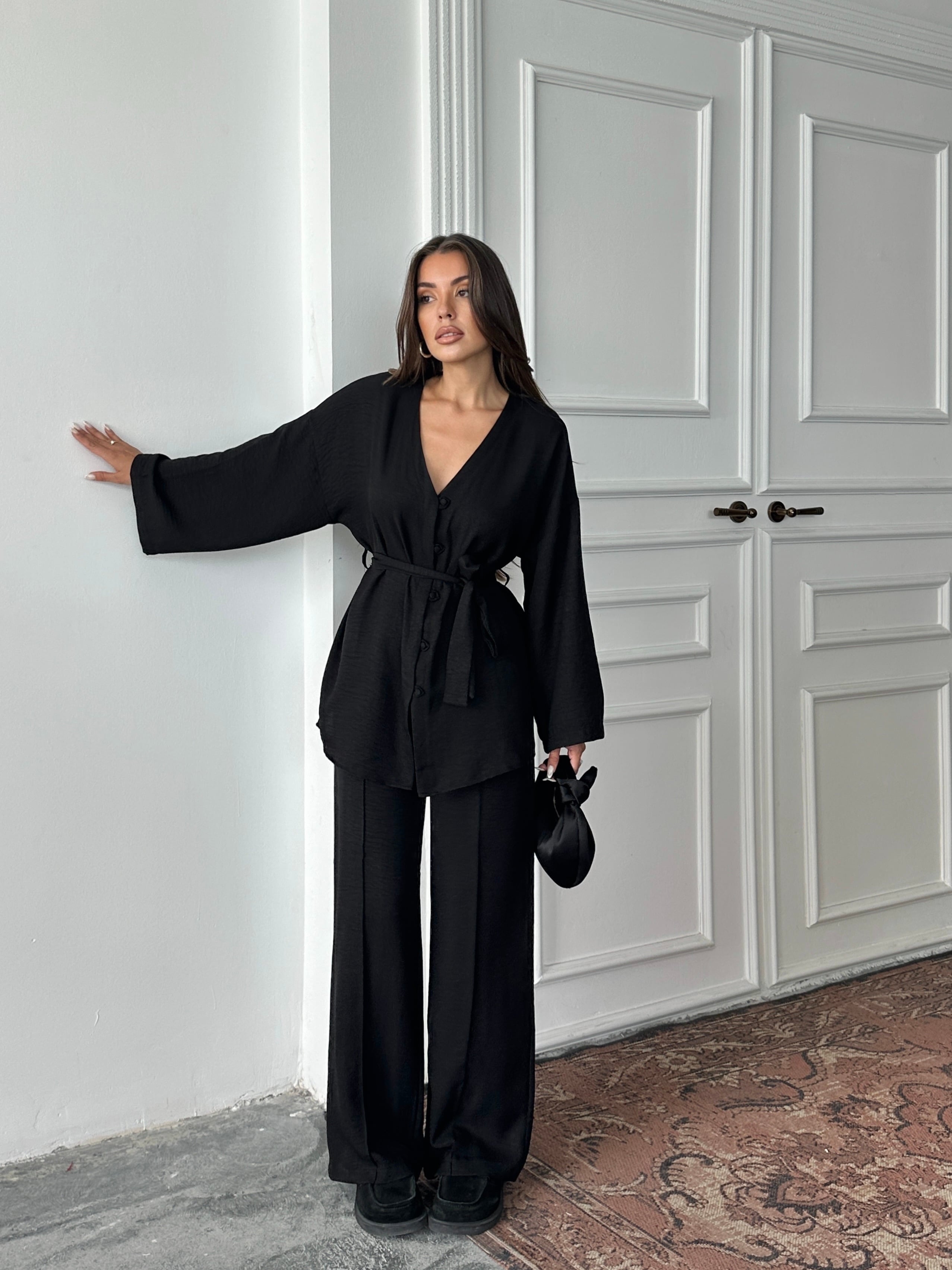 Düğme Detay Kuşaklı Kimono Takım