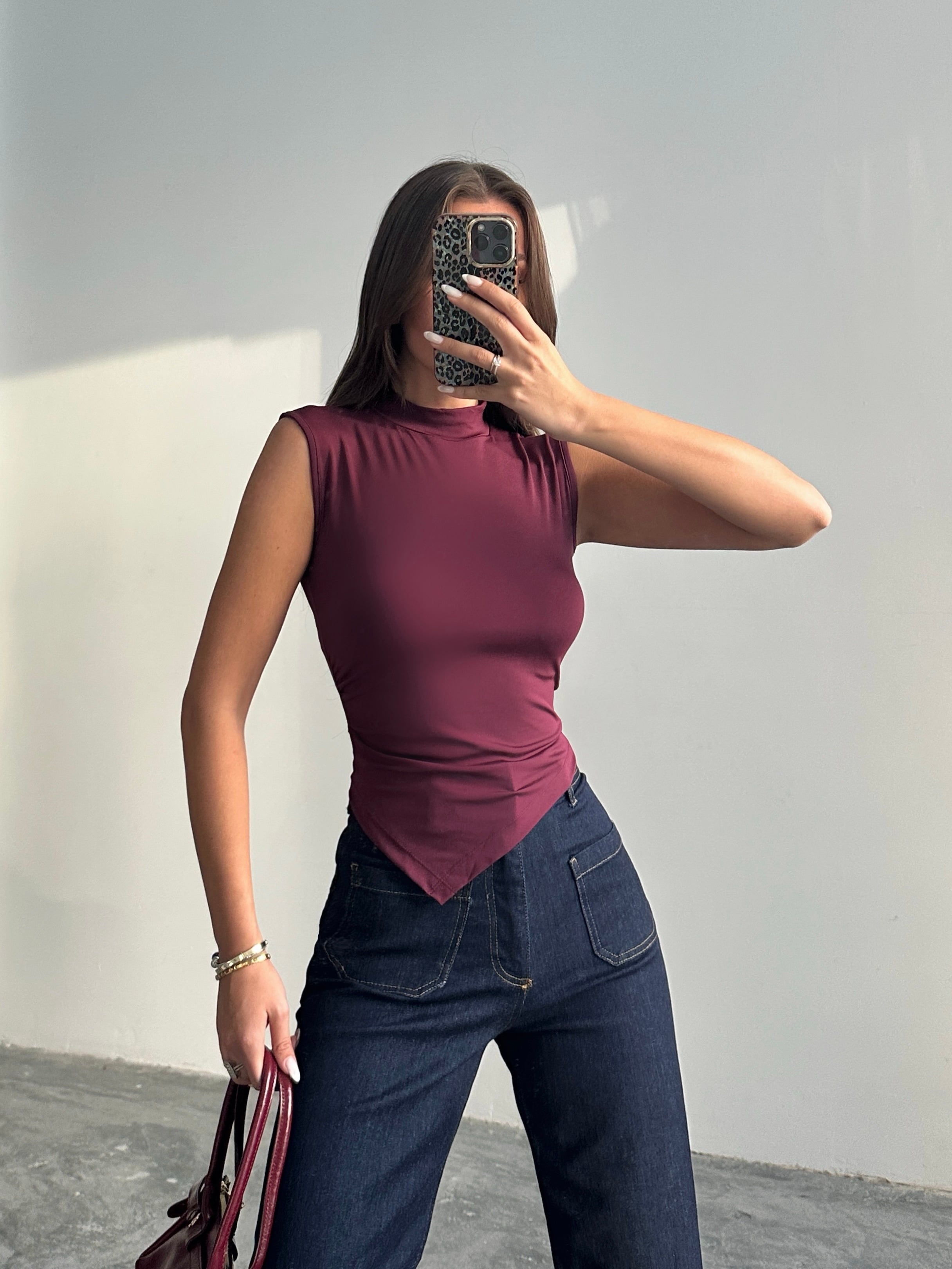 Yarım Balıkçı Asimetrik Bluz - Mürdüm