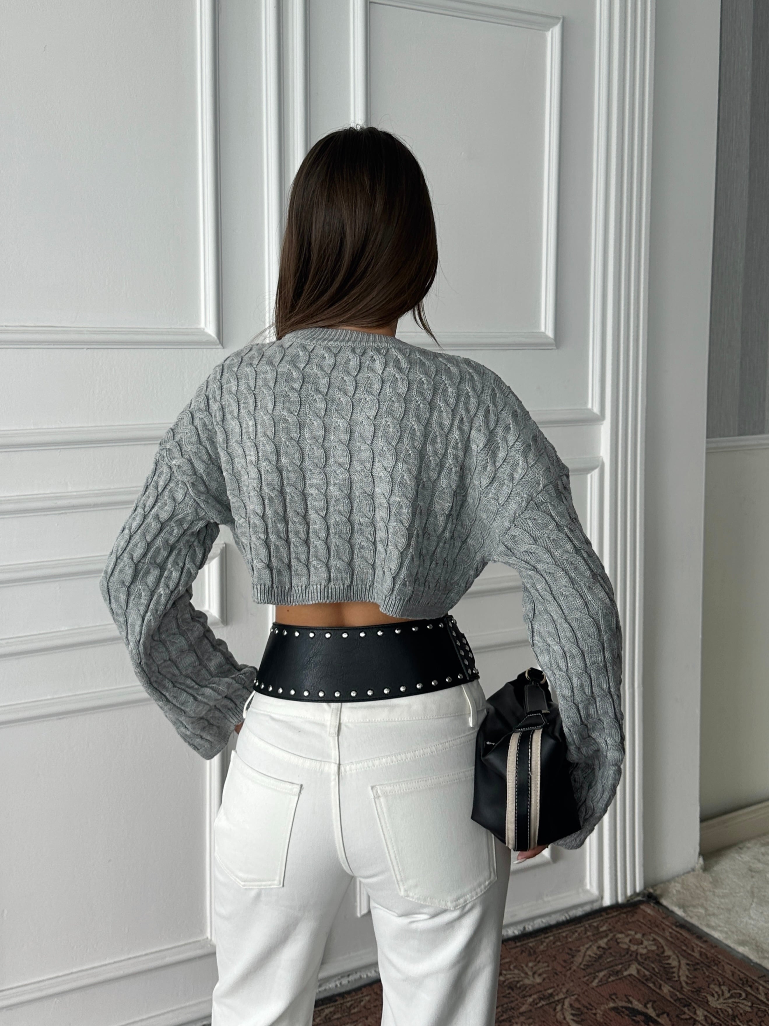 Saç Örgü Triko Crop Kazak Gri