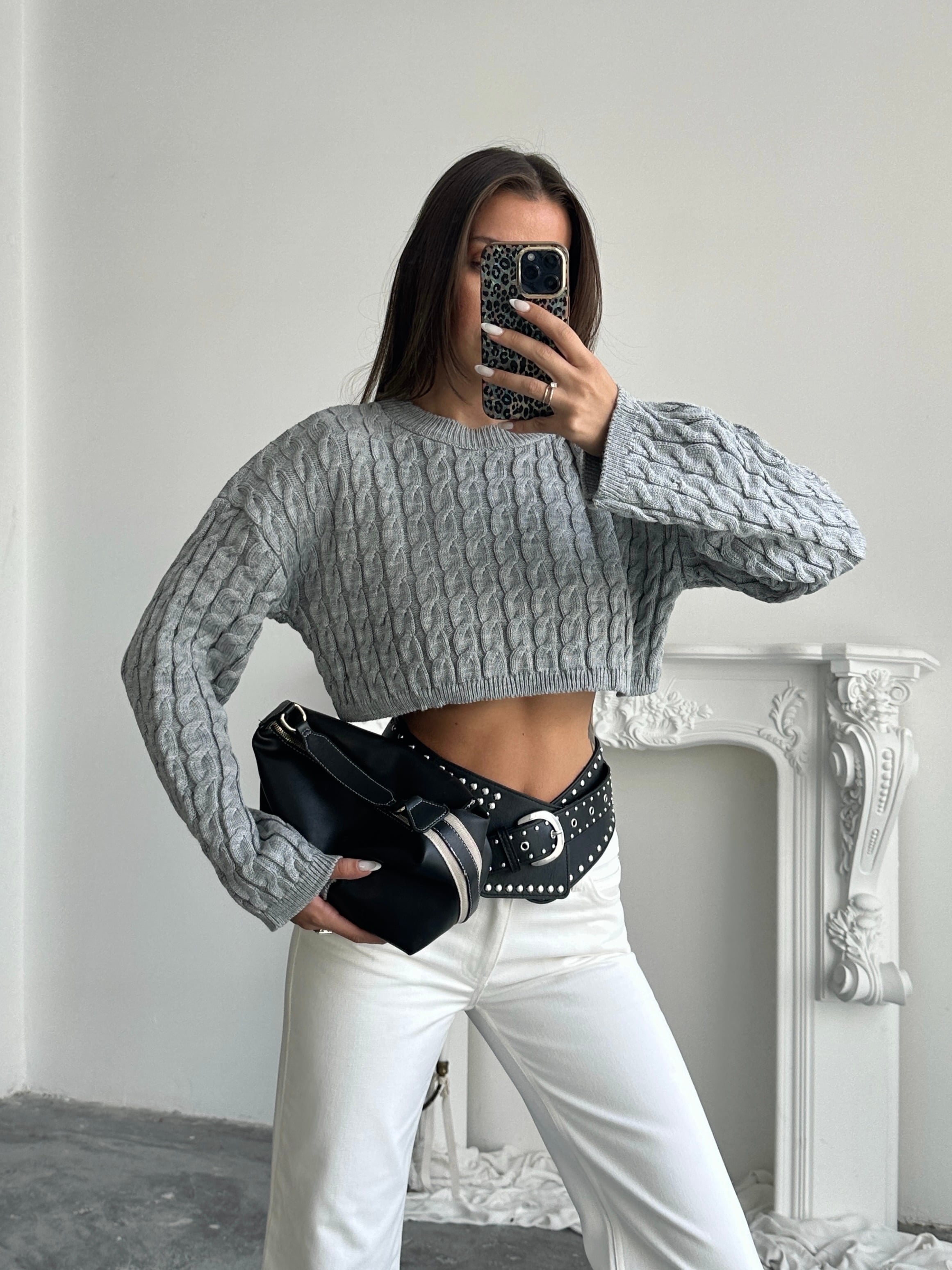Saç Örgü Triko Crop Kazak Gri