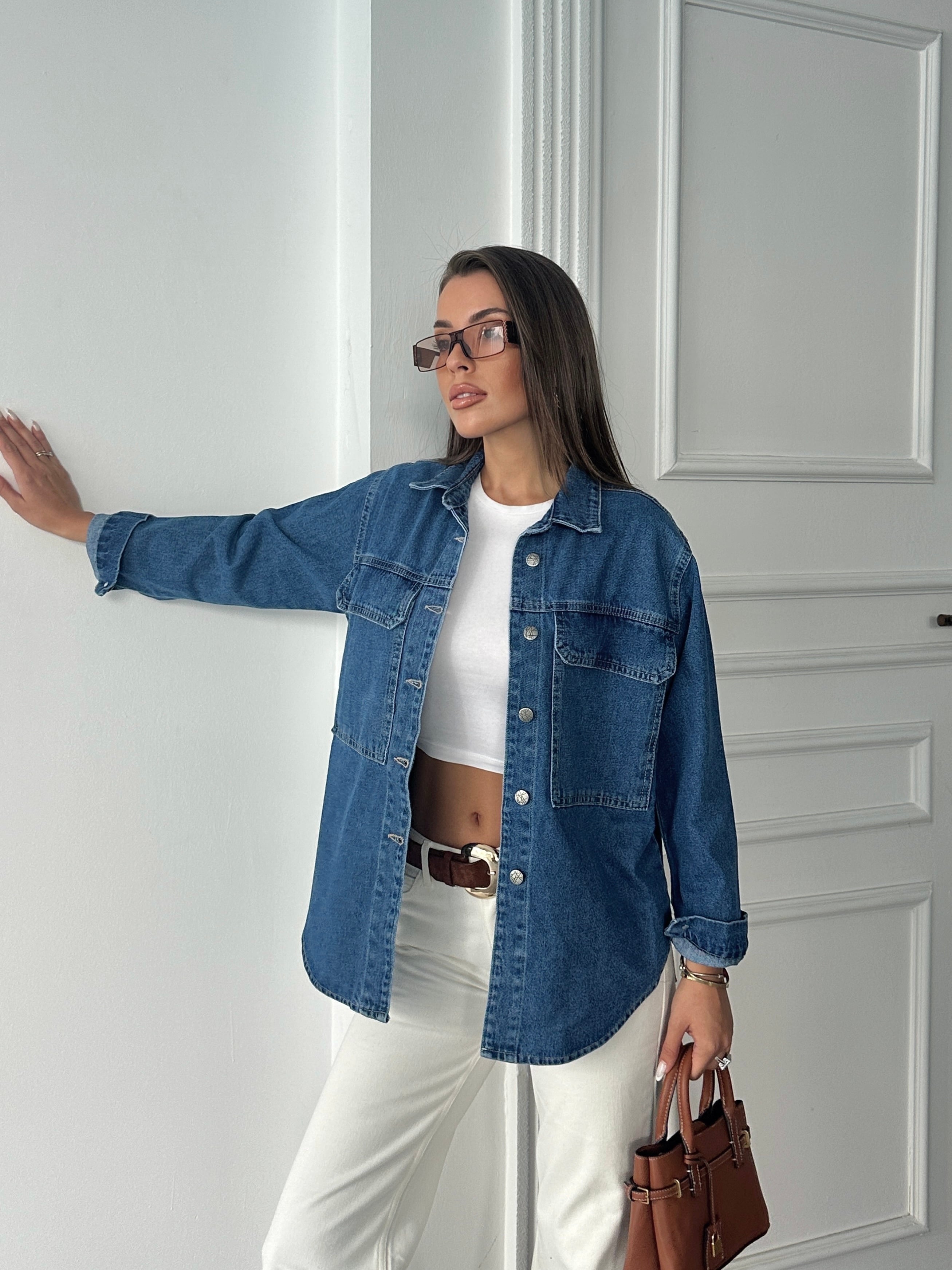 Kapak Cep Denim Gömlek