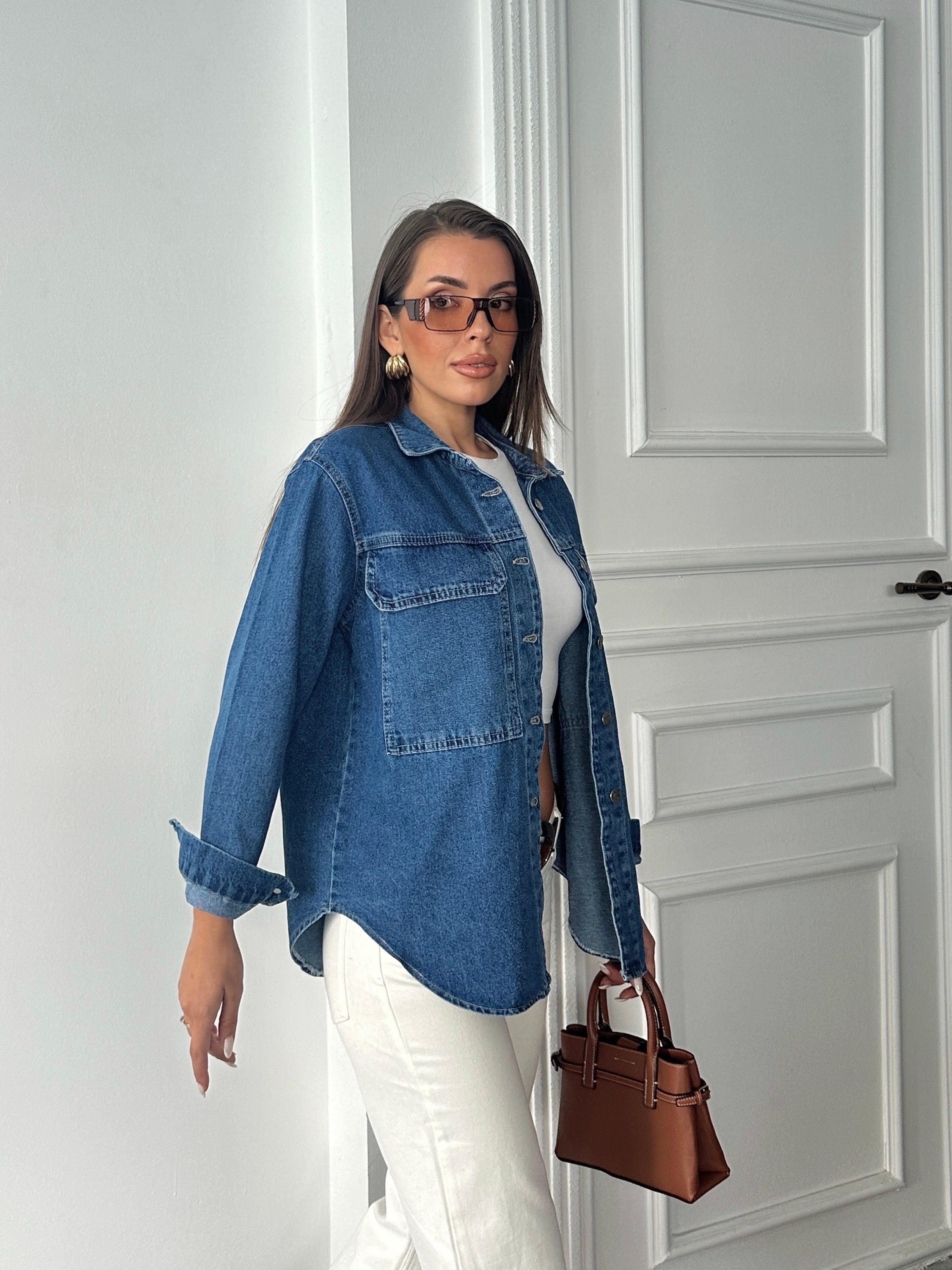 Kapak Cep Denim Gömlek
