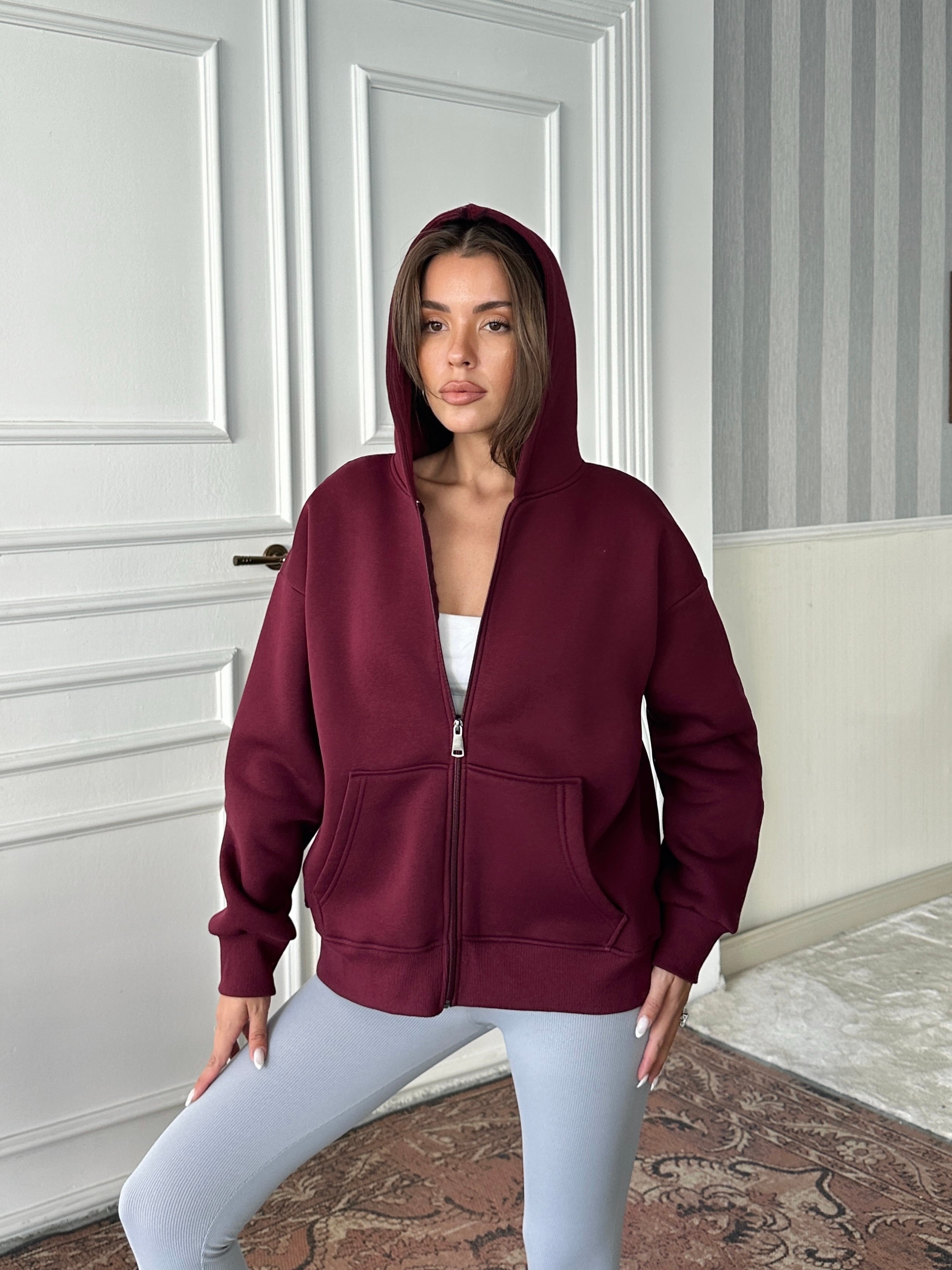 Fermuarlı Cepli Sweat - Bordo