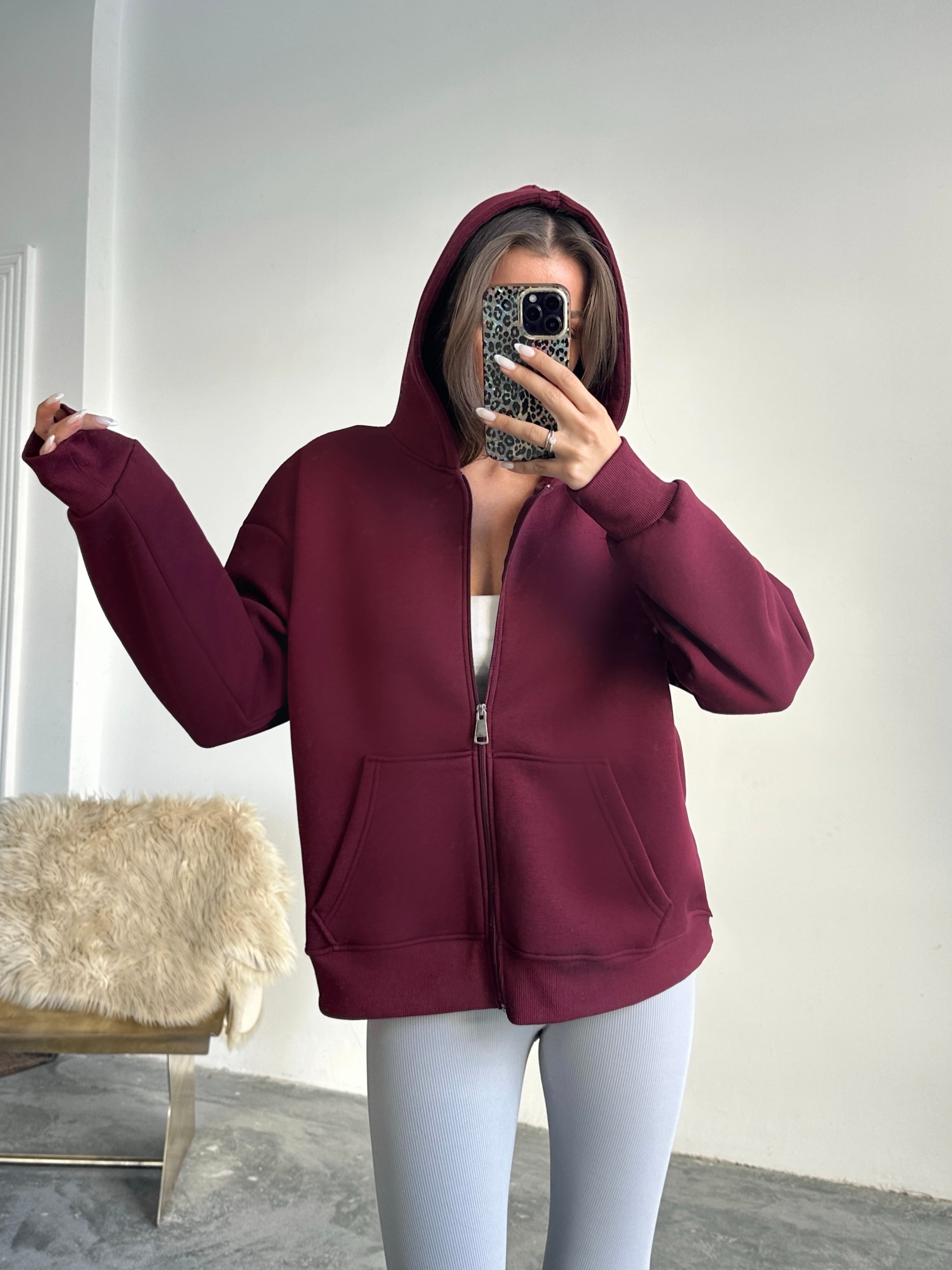 Fermuarlı Cepli Sweat - Bordo
