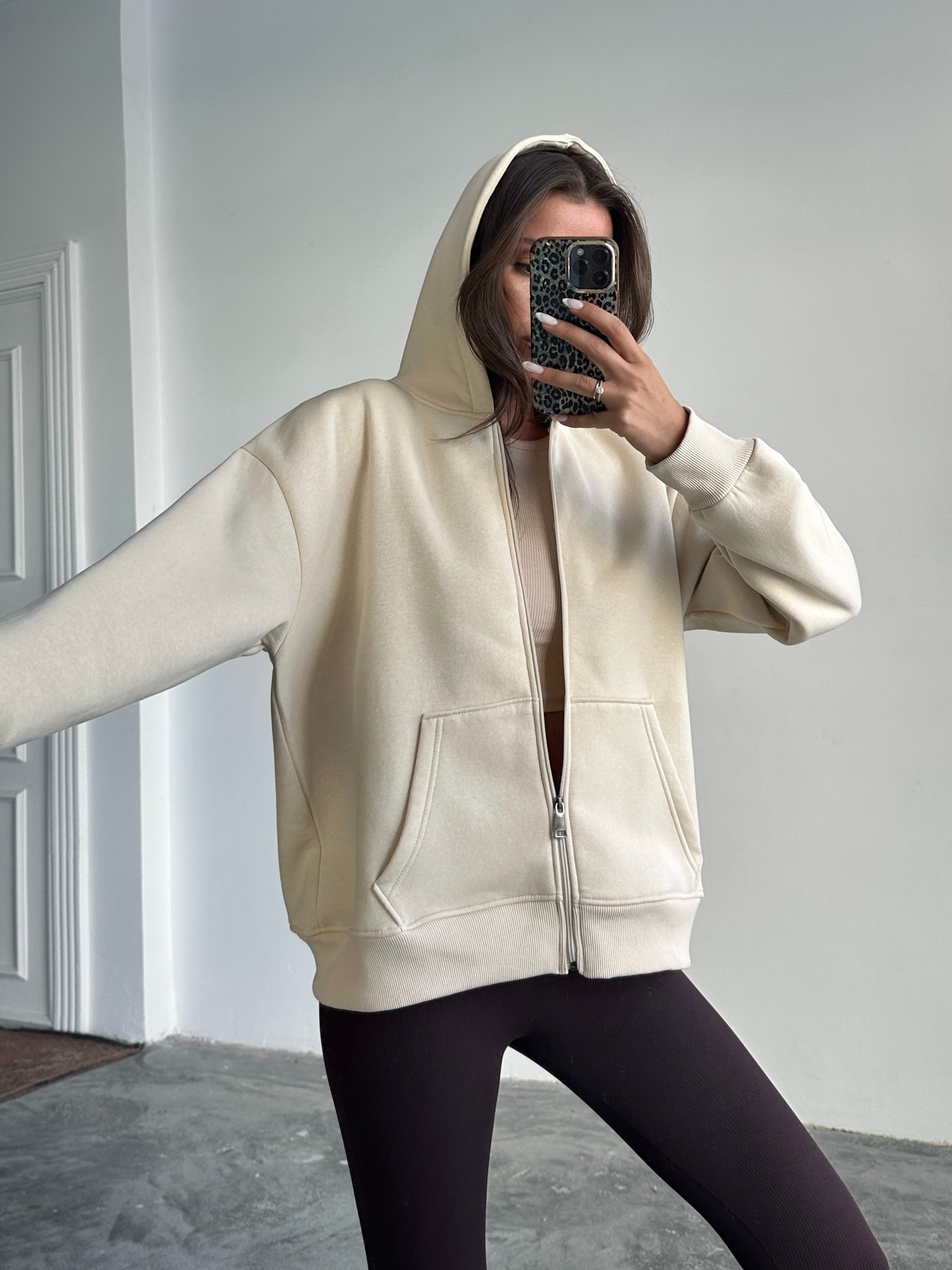 Fermuarlı Cepli Sweat - Taş