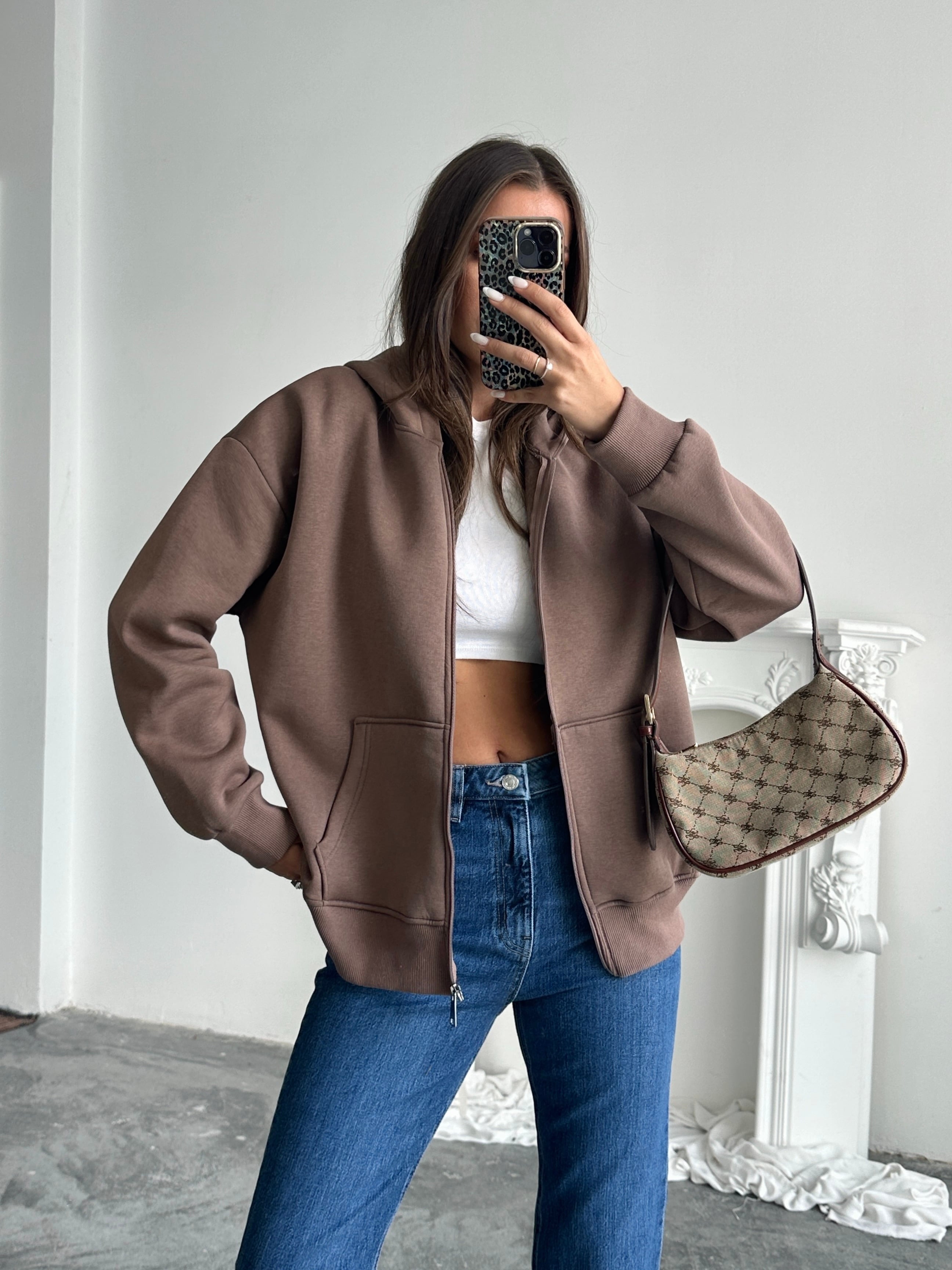 Fermuarlı Cepli Sweat - Kahve