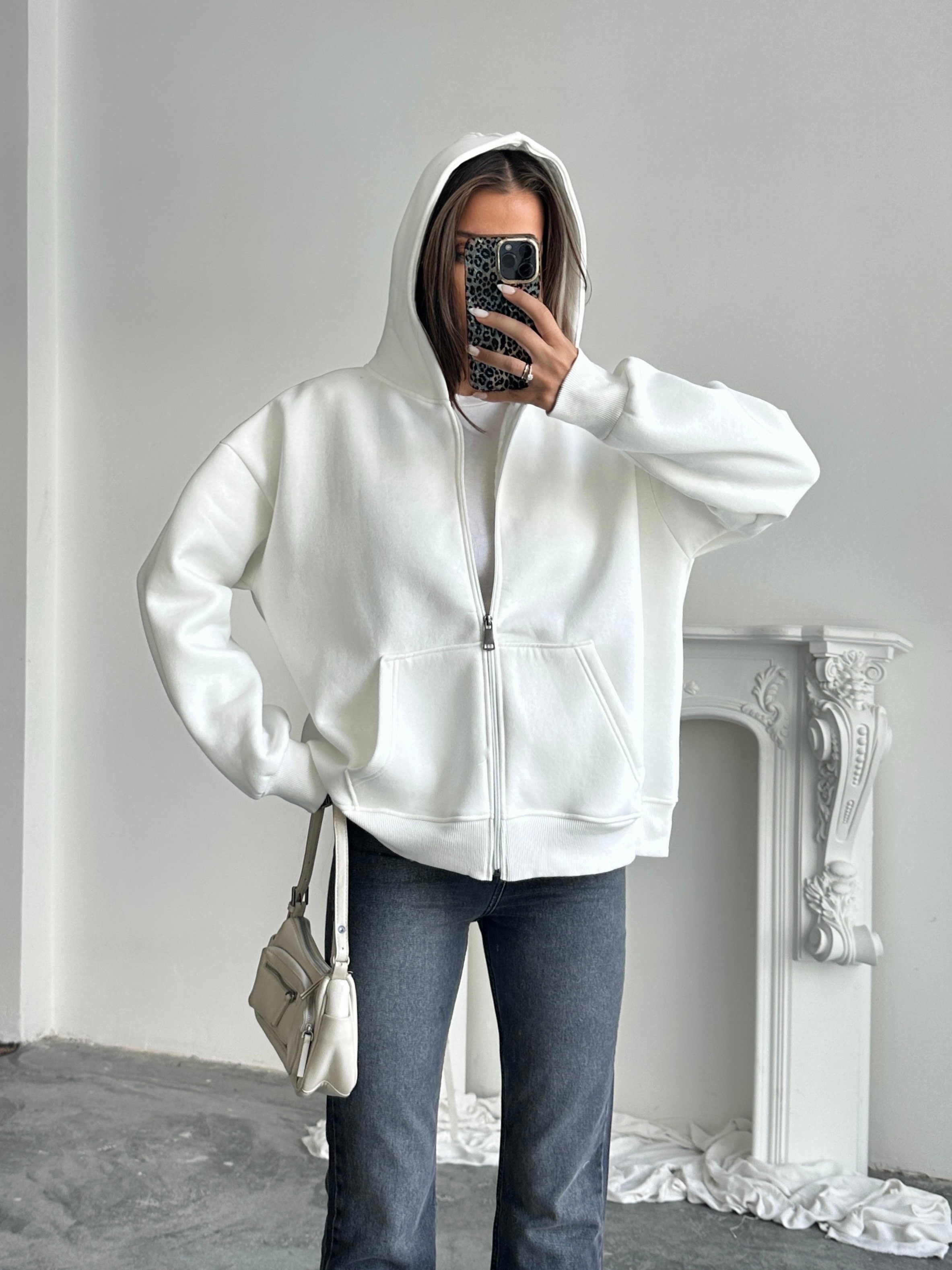 Fermuarlı Cepli Sweat - Beyaz