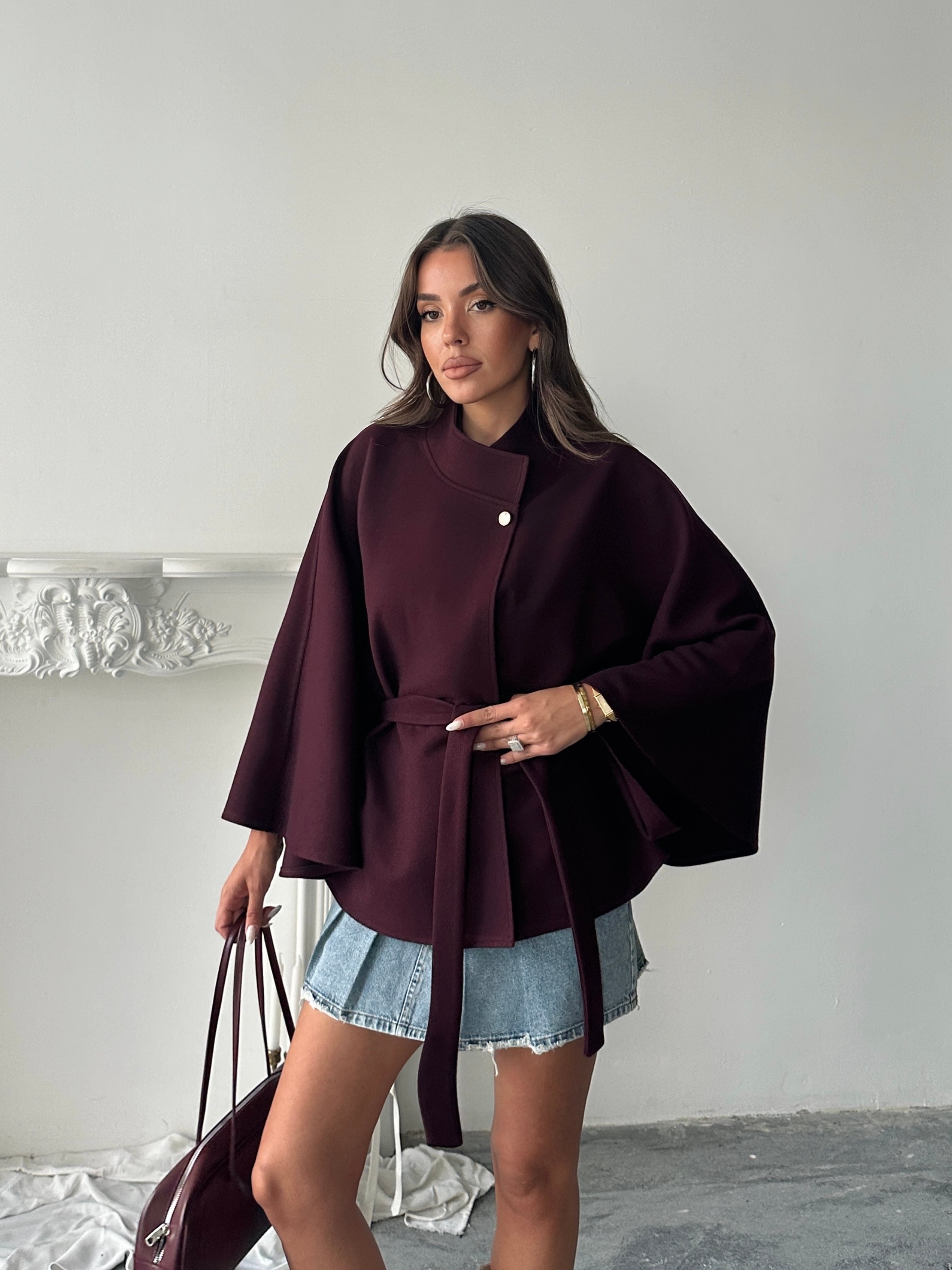 Kaşe Kuşaklı Pelerin Kaban - Bordo