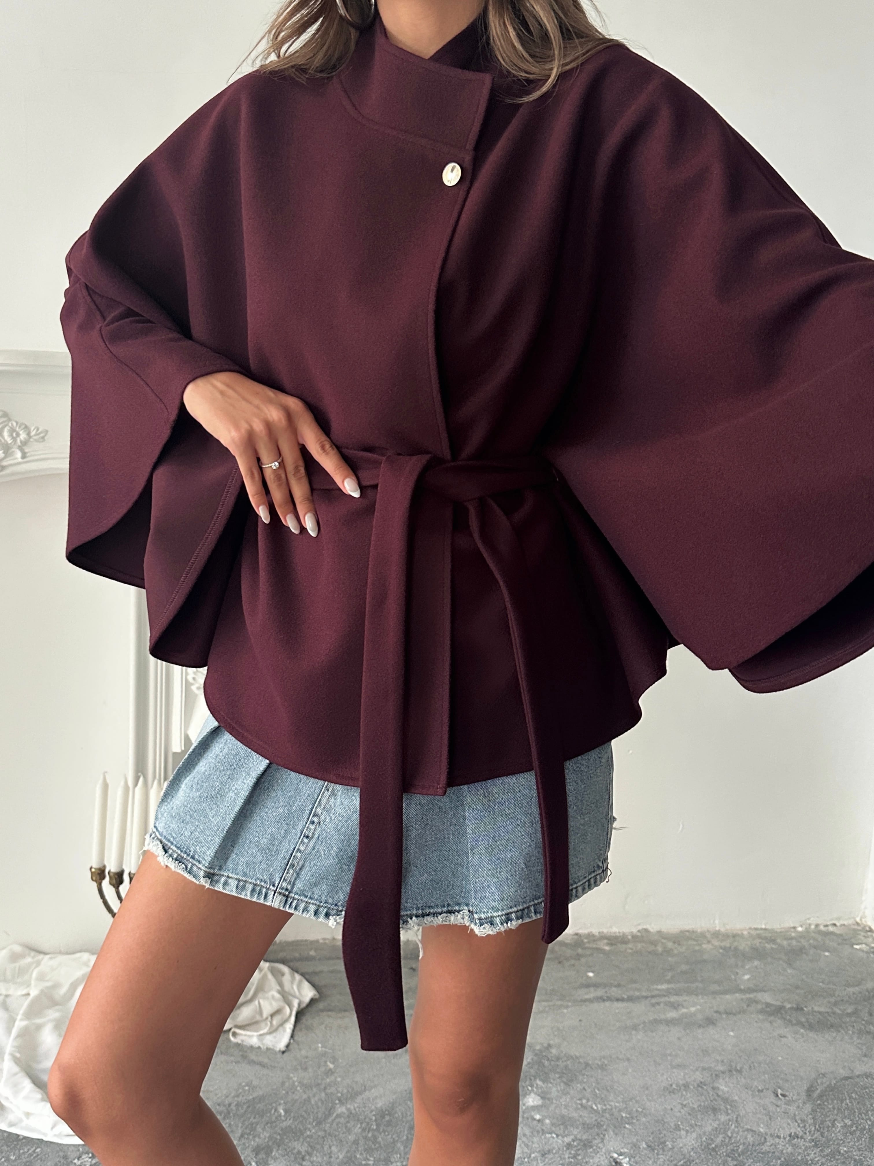 Kaşe Kuşaklı Pelerin Kaban - Bordo