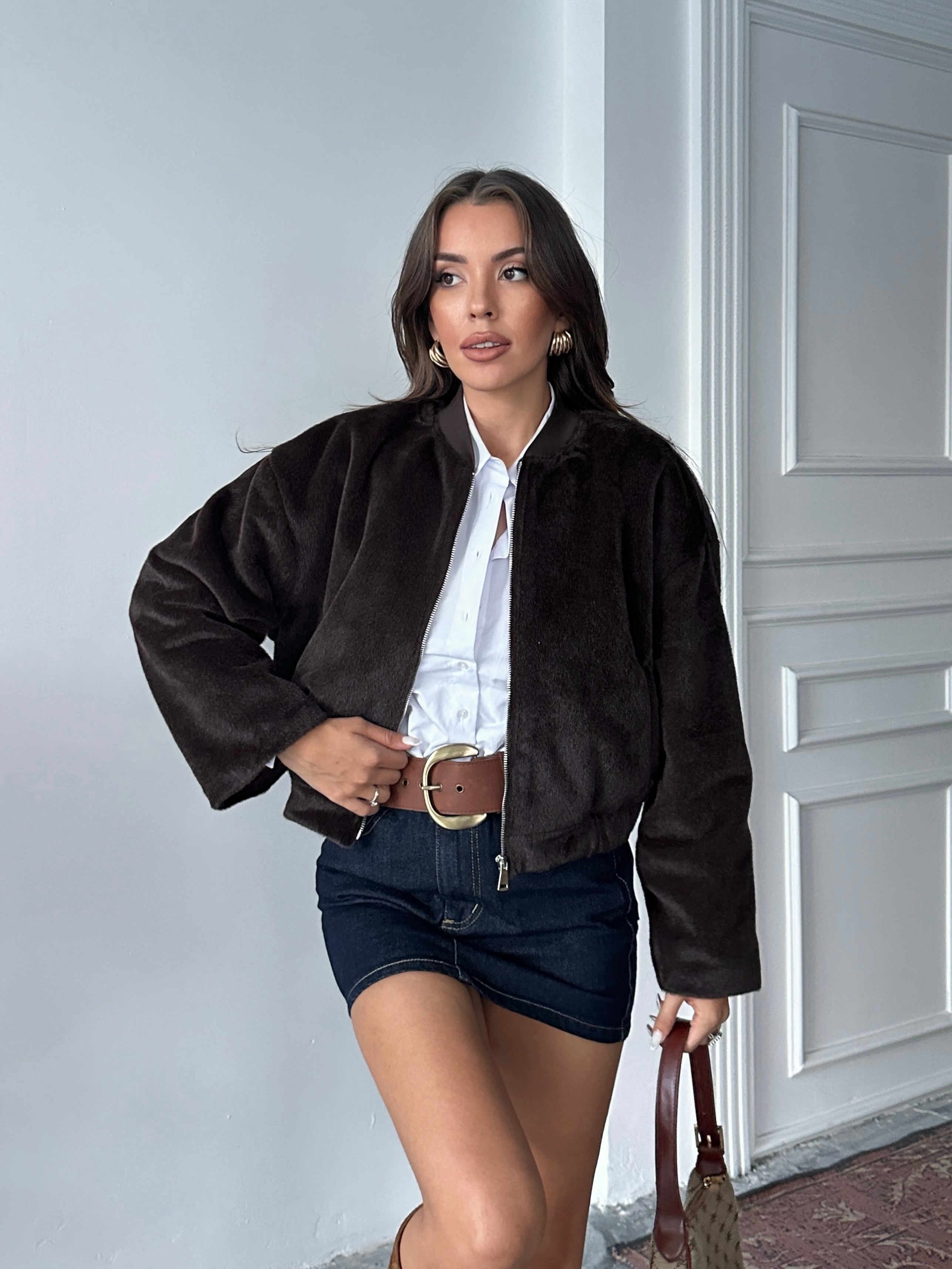 Astarlı Peluş Ceket - Kahve