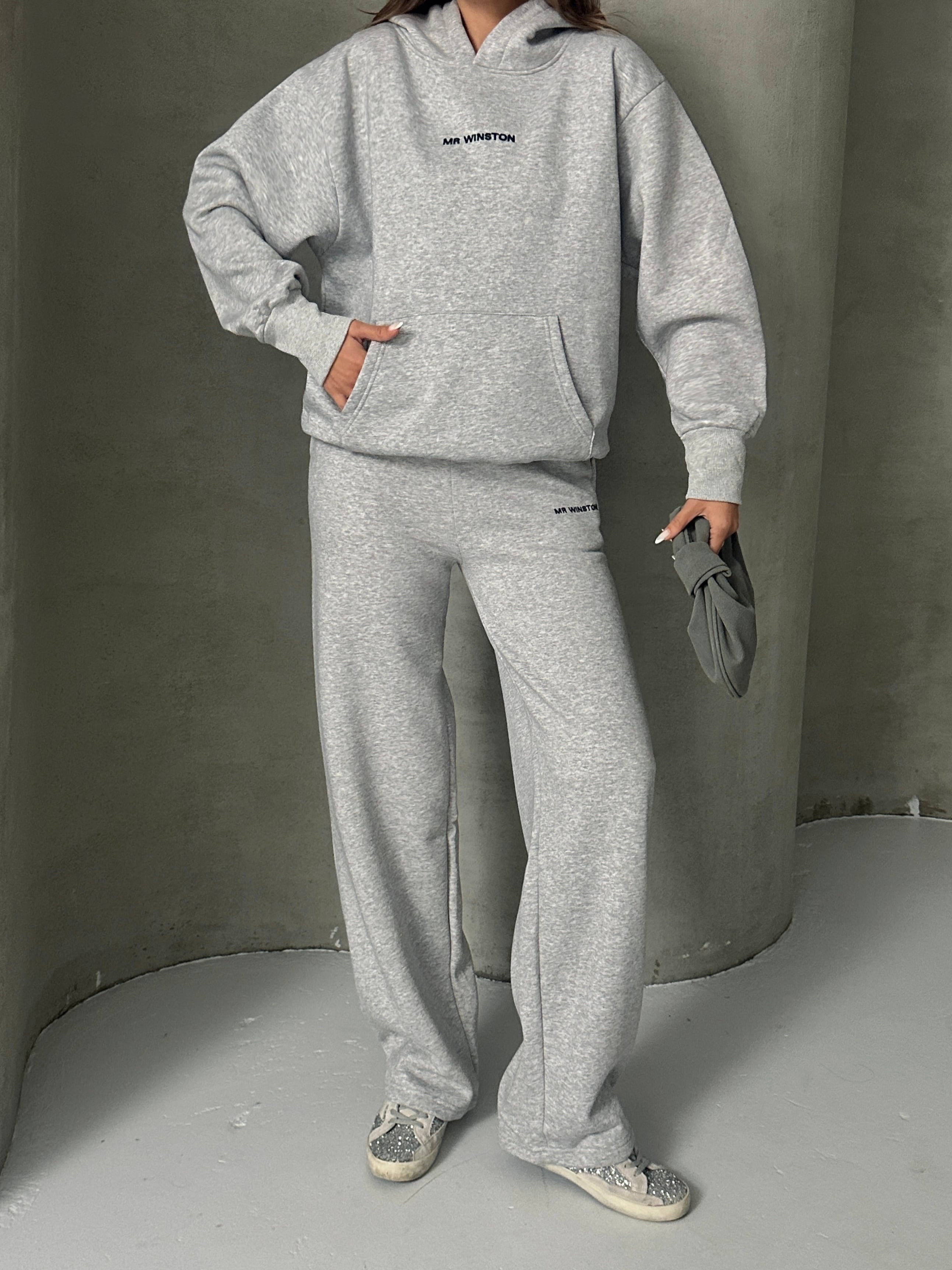 Mr. Winston Kapüşonlu Sweat Takım Gri Melanj