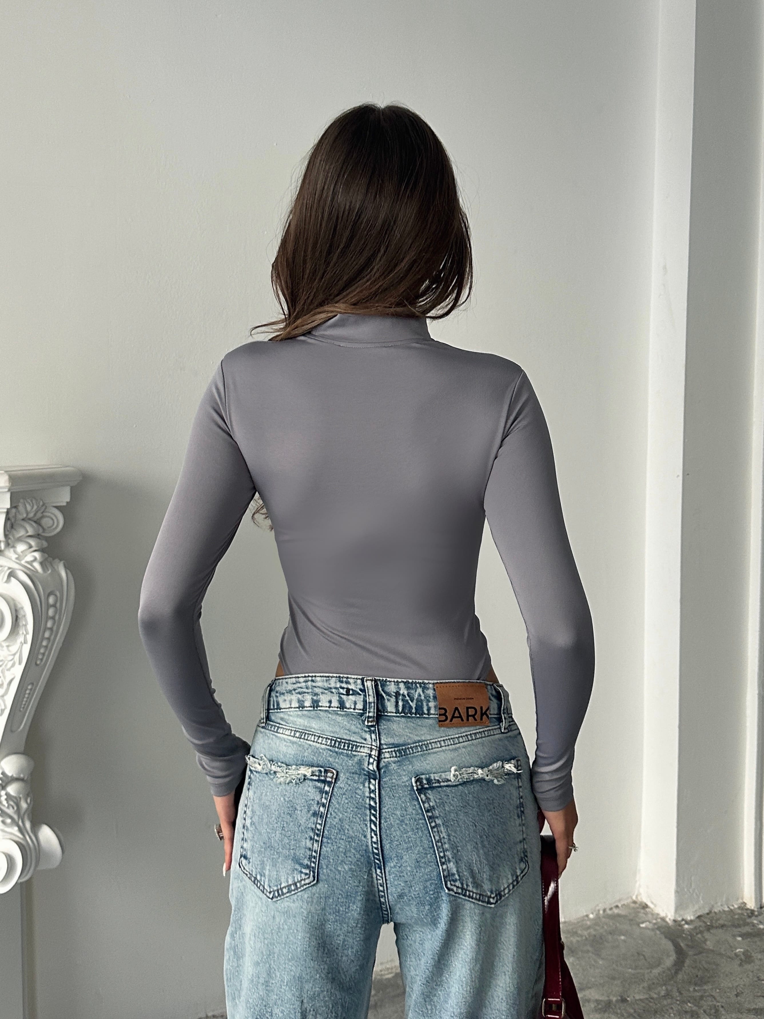Göğüs Dekolte Bodysuit Gri