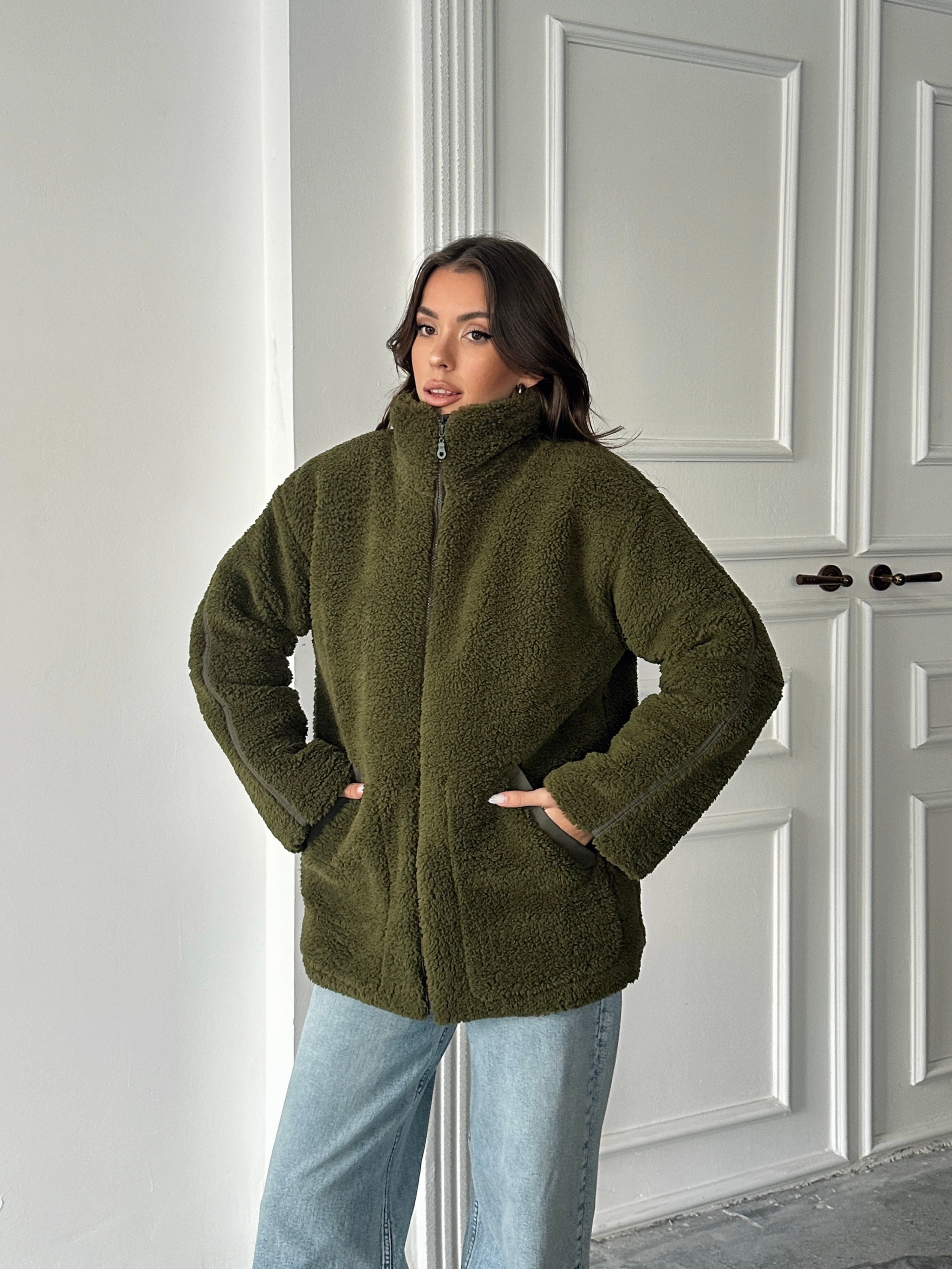 İç Astarlı Oversize Peluş Mont  - Haki Yeşil