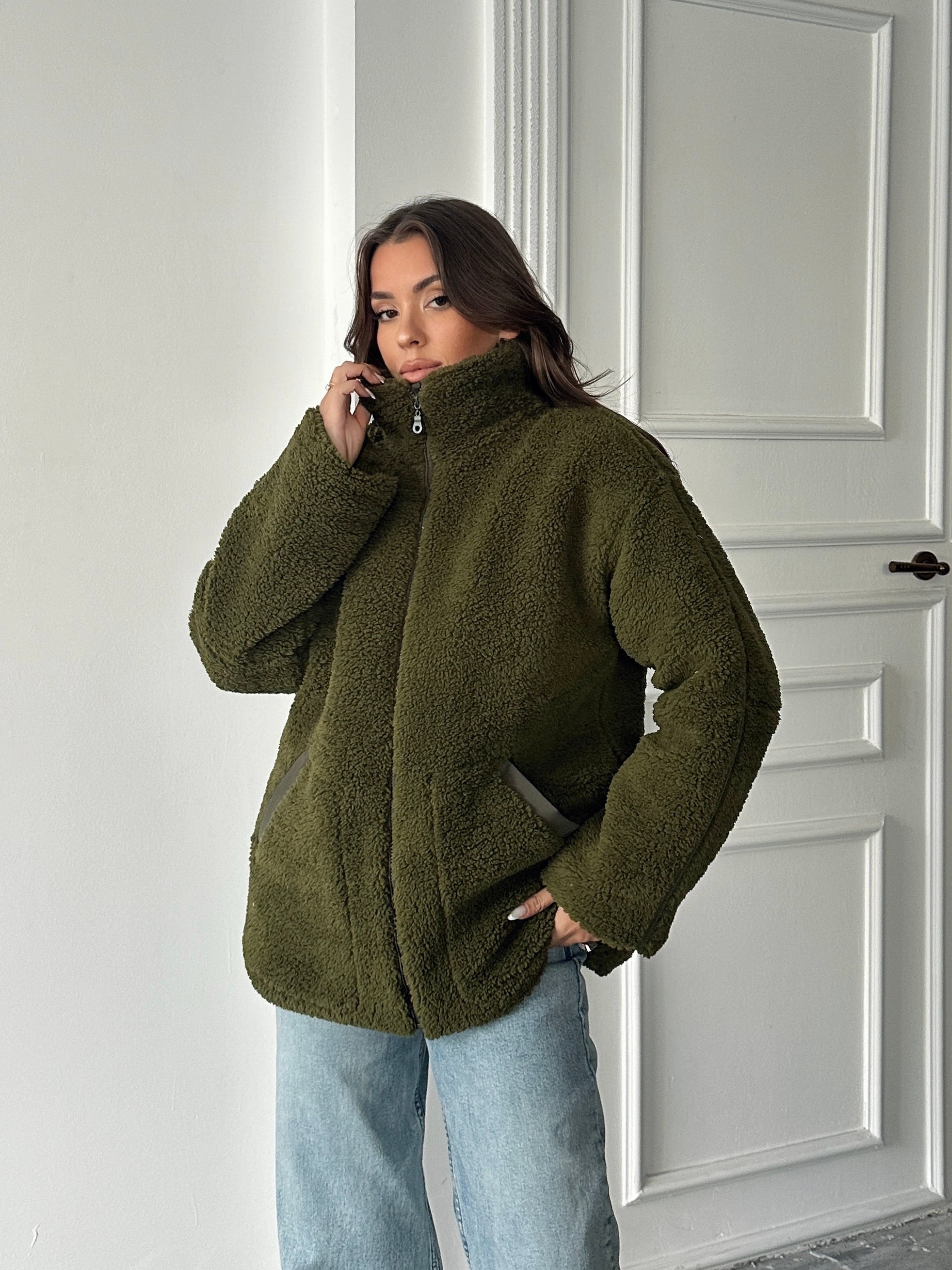 İç Astarlı Oversize Peluş Mont  - Haki Yeşil
