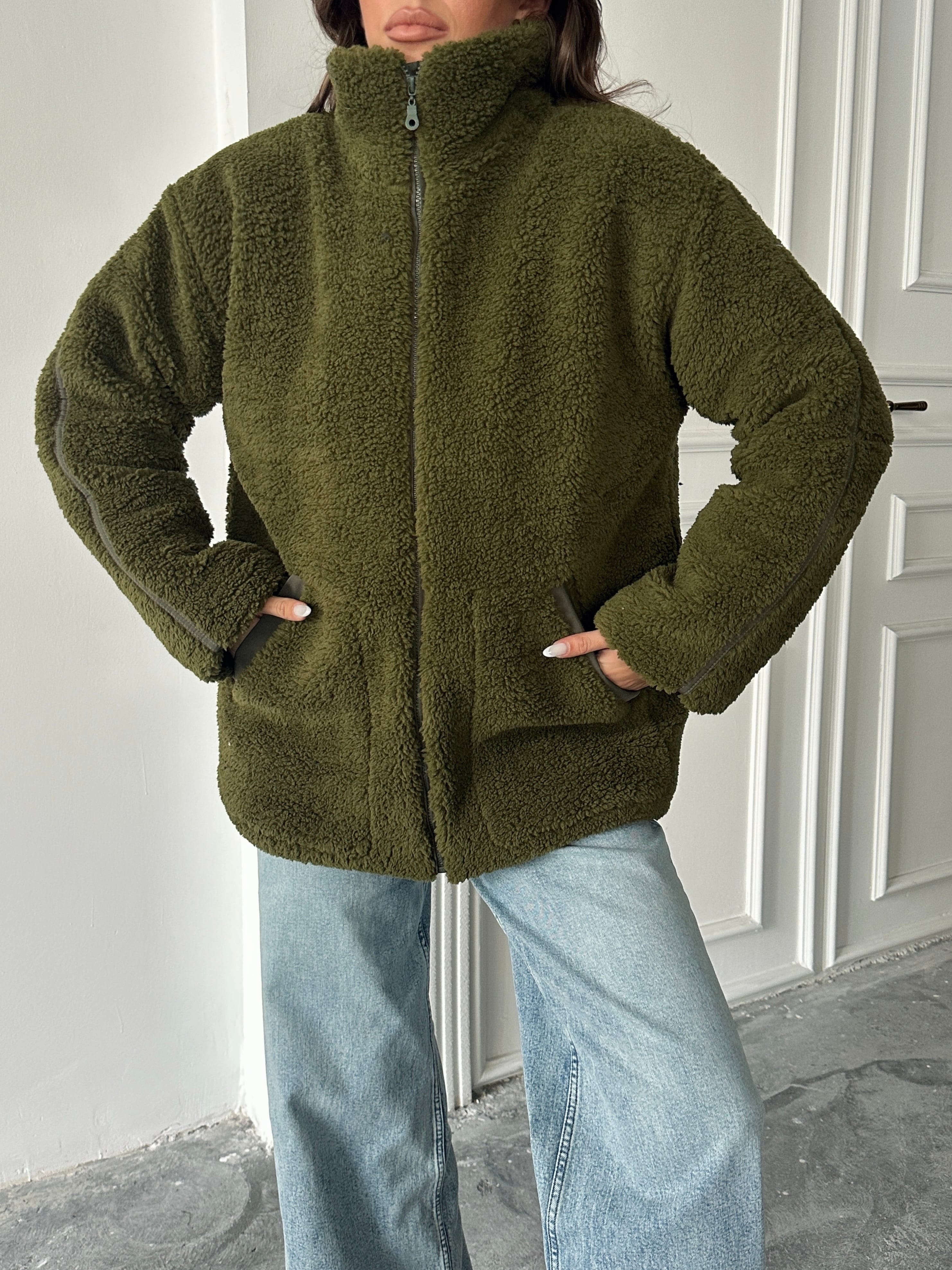 İç Astarlı Oversize Peluş Mont  - Haki Yeşil