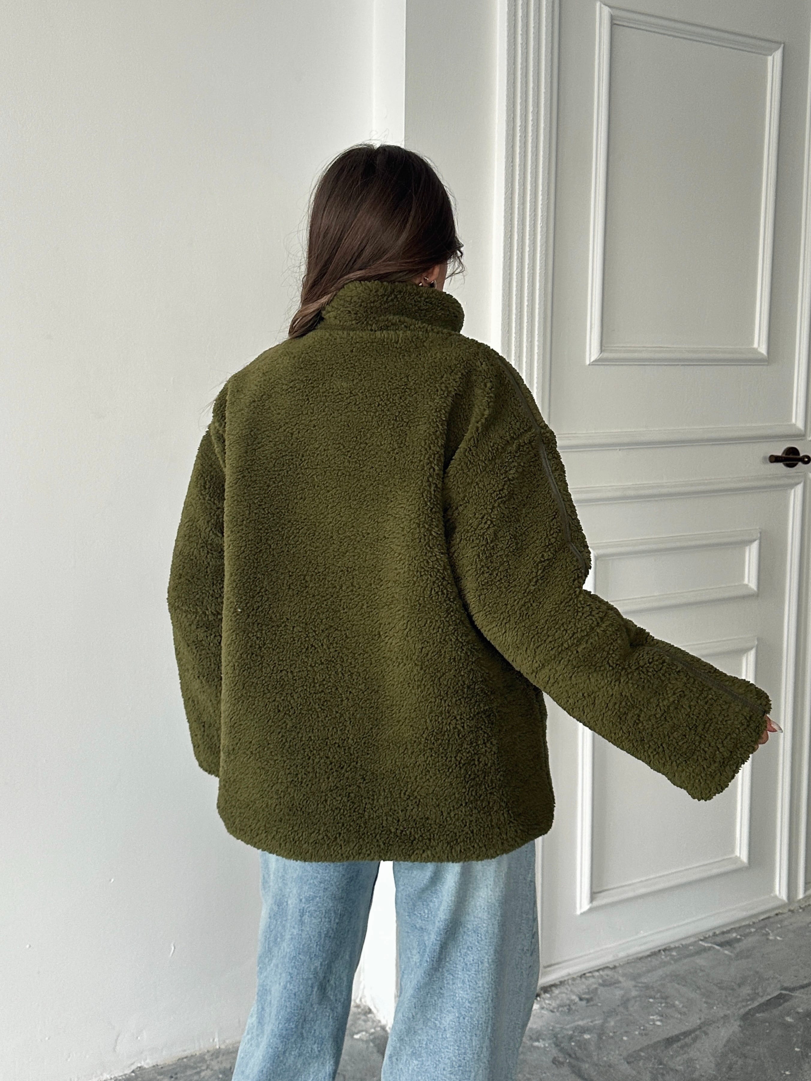 İç Astarlı Oversize Peluş Mont  - Haki Yeşil