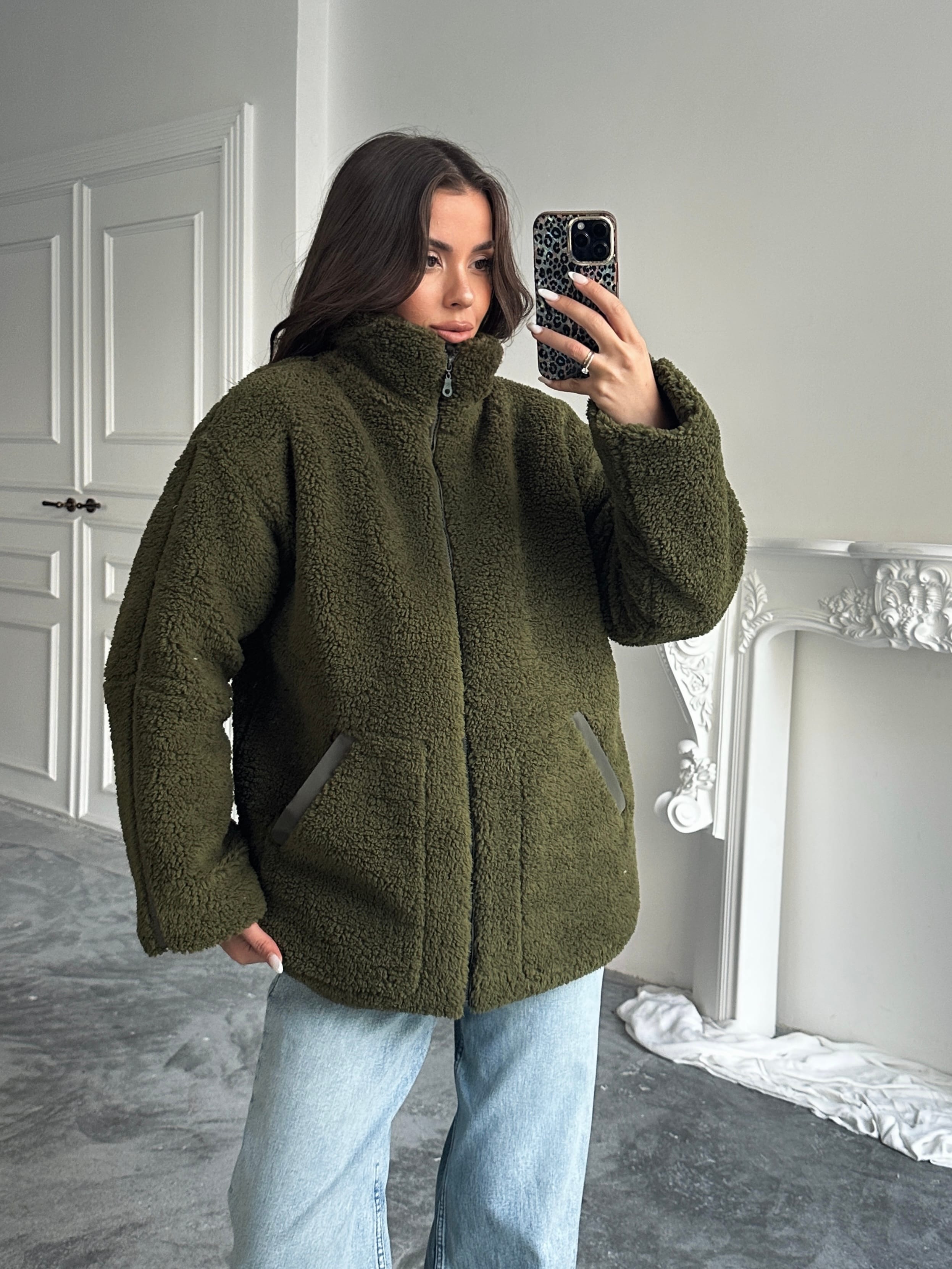 İç Astarlı Oversize Peluş Mont  - Haki Yeşil