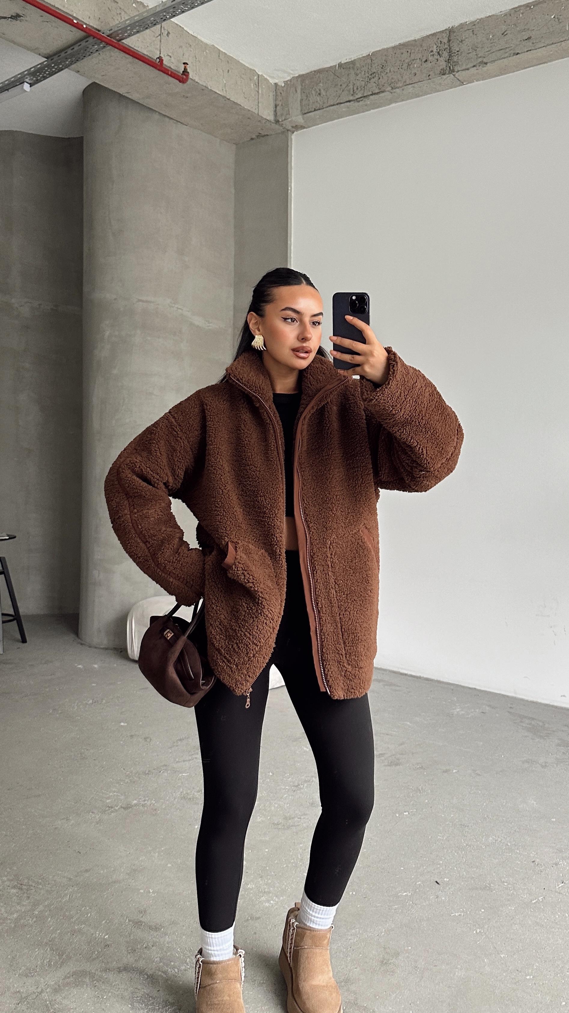 İç Astarlı Oversize Peluş Mont  - Kahverengi