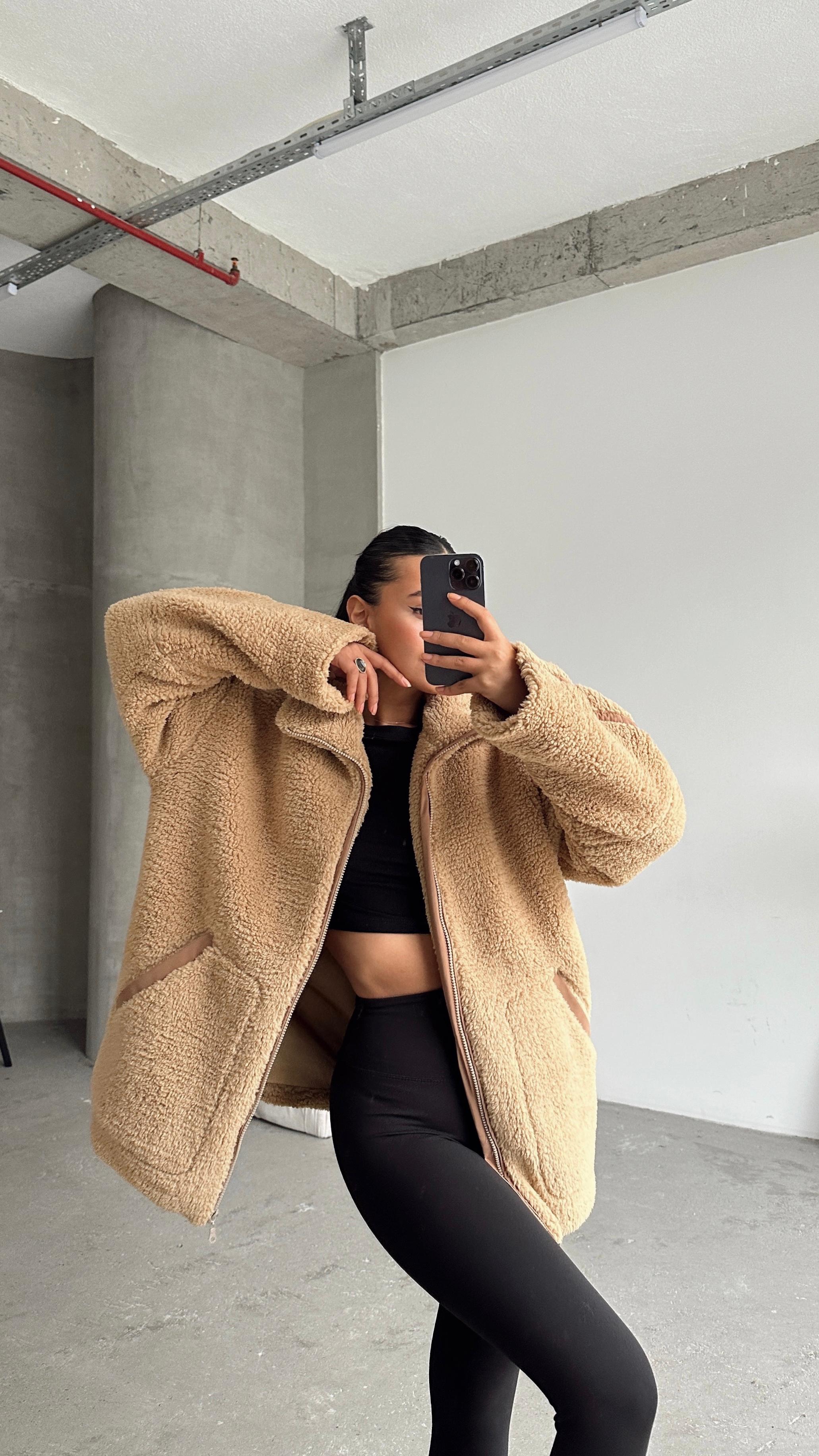 İç Astarlı Oversize Peluş Mont  - Vizon