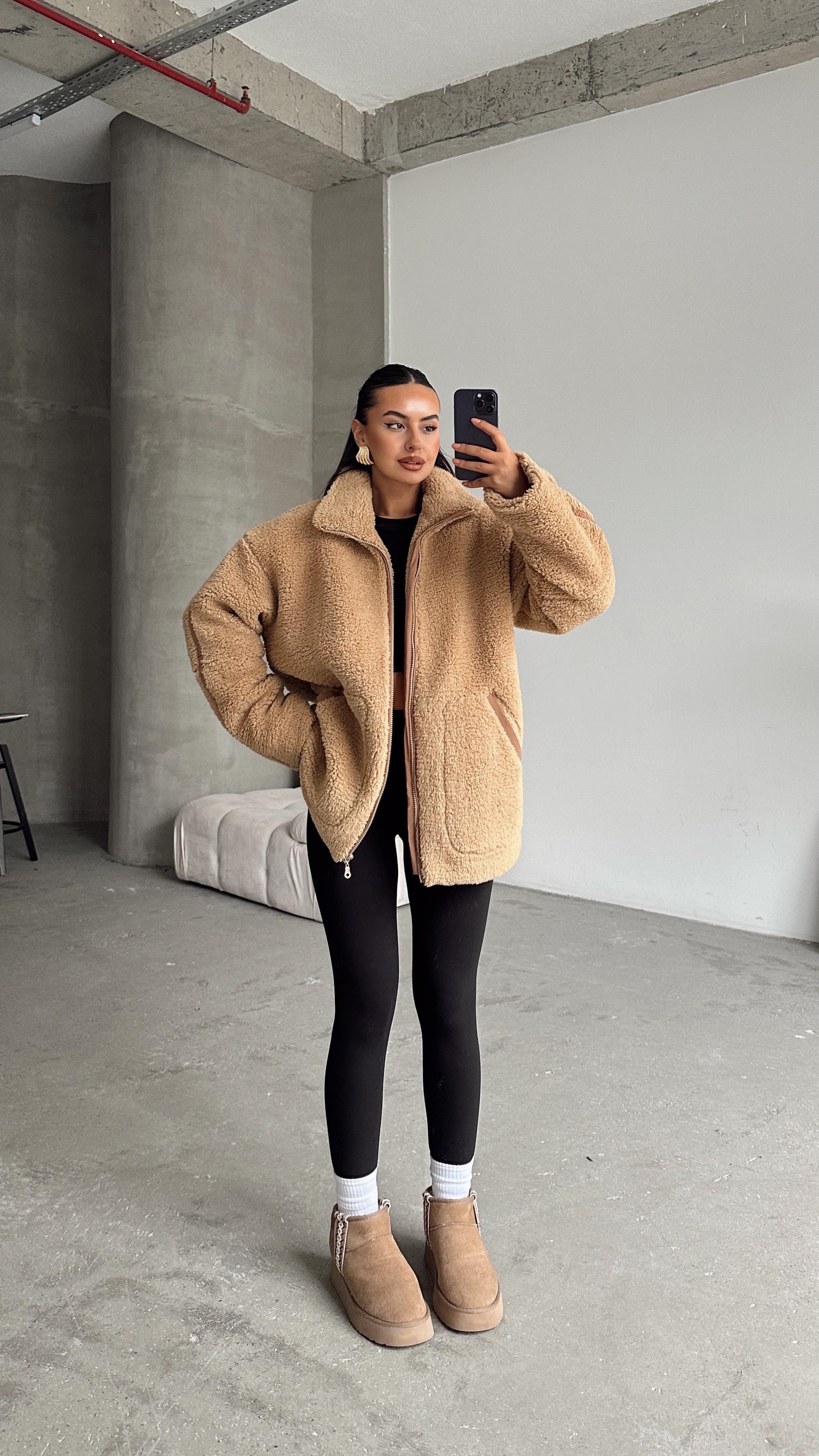 İç Astarlı Oversize Peluş Mont  - Vizon