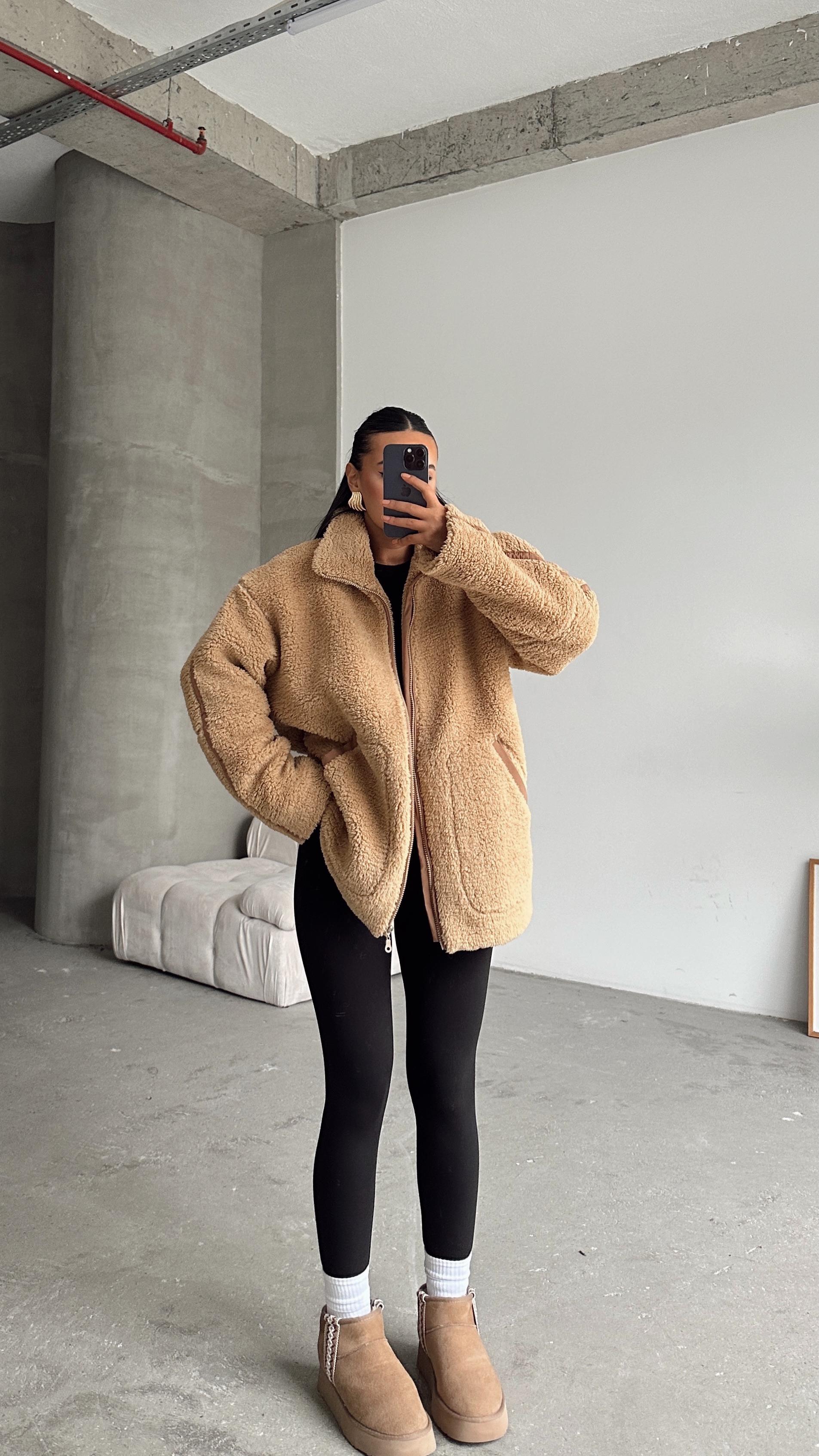 İç Astarlı Oversize Peluş Mont  - Vizon