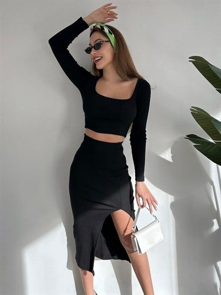 Kare Yaka Fitilli İkili Crop Takım Siyah