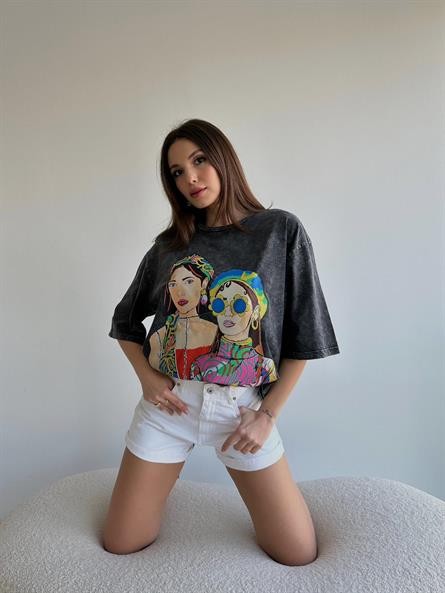 Girl Baskı Yıkamalı T-Shirt Füme