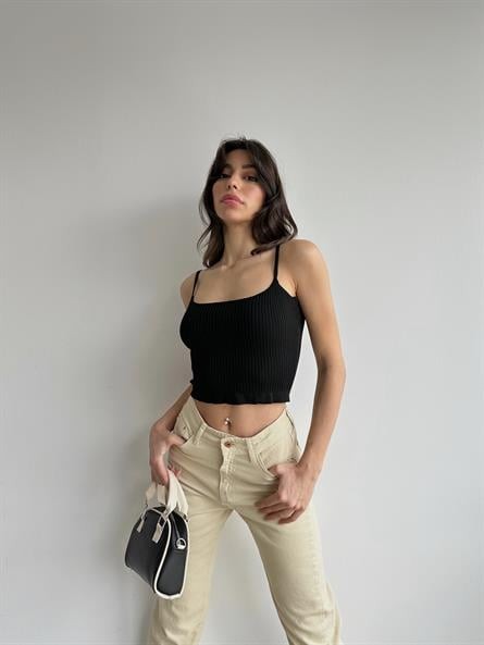 Bel Fırfır Fitilli Triko Bluz Siyah